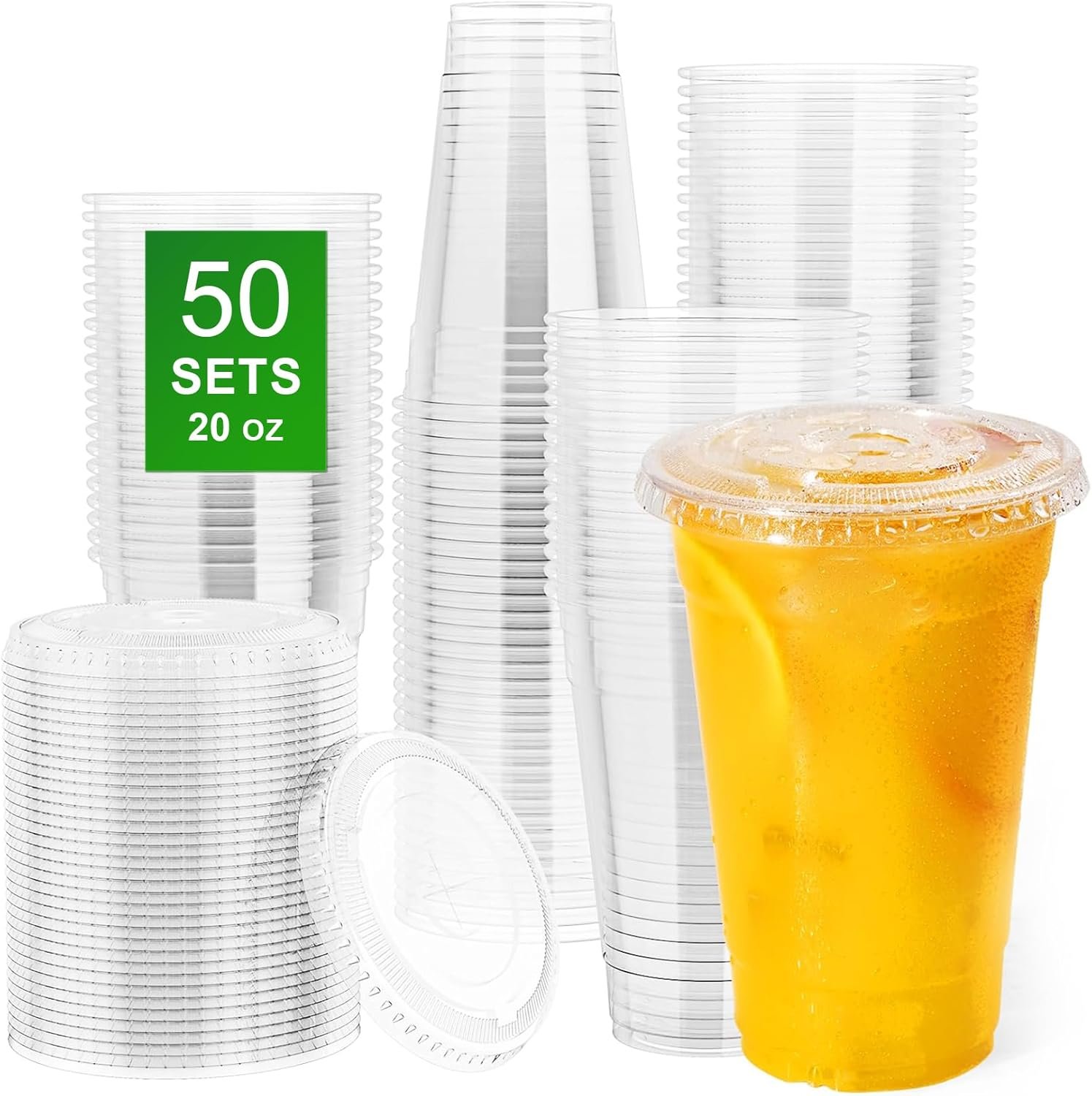 Cups de plástico transparente con tapa plana, 50 sets de 20 oz (100 piezas) desechables PET cristal, ideales para café helado, batidos, malteadas, jugos, postres, bebidas para llevar y frías. Logo personalizado disponible, fabricación en nuestra fábrica.