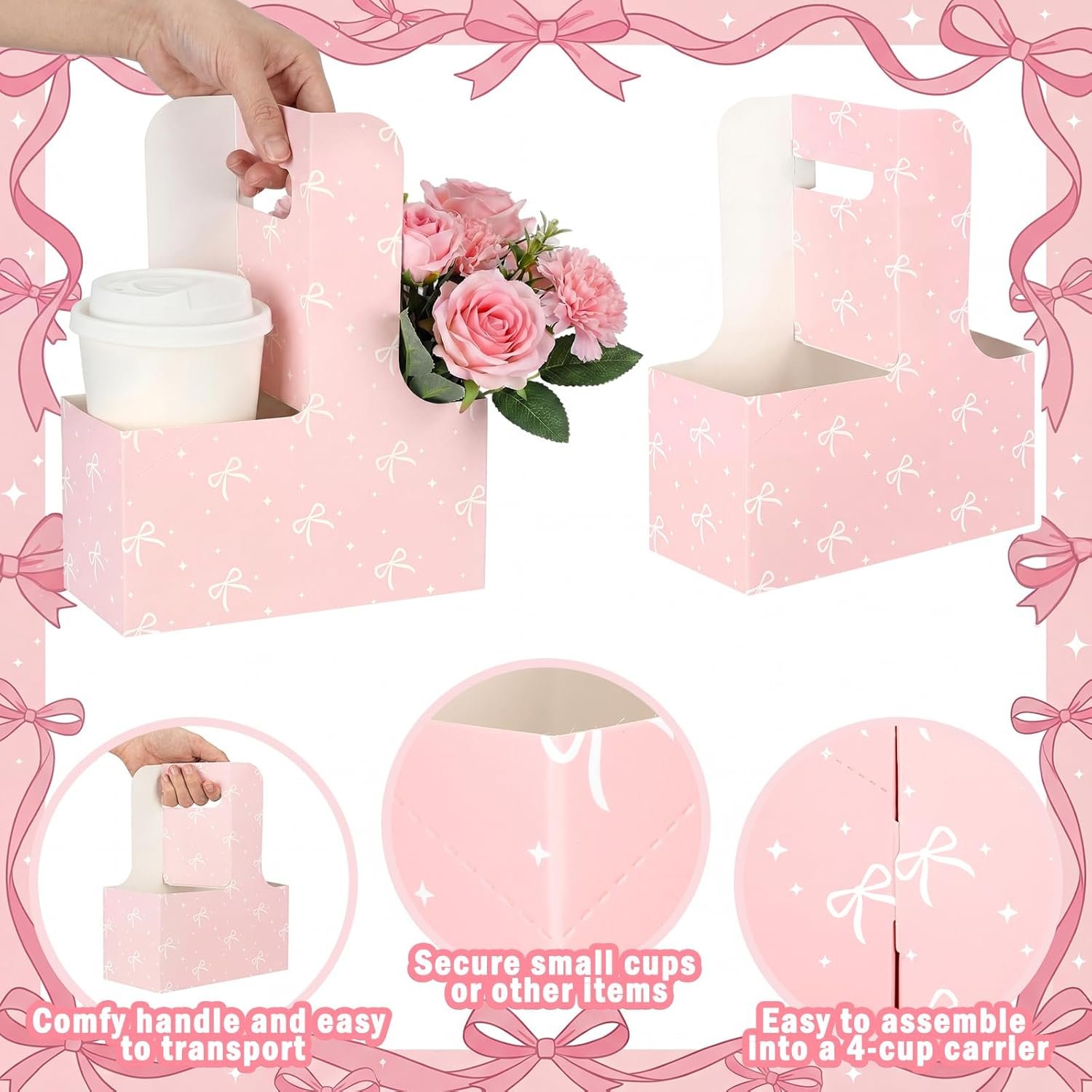 Bolsas de regalo de papel desechables de 24 Pcs con logo personalizado, portacopas de 2 tazas de cartón rosa, portátiles para bebidas y flores, marca blanca, suministros para fiestas de fábrica.