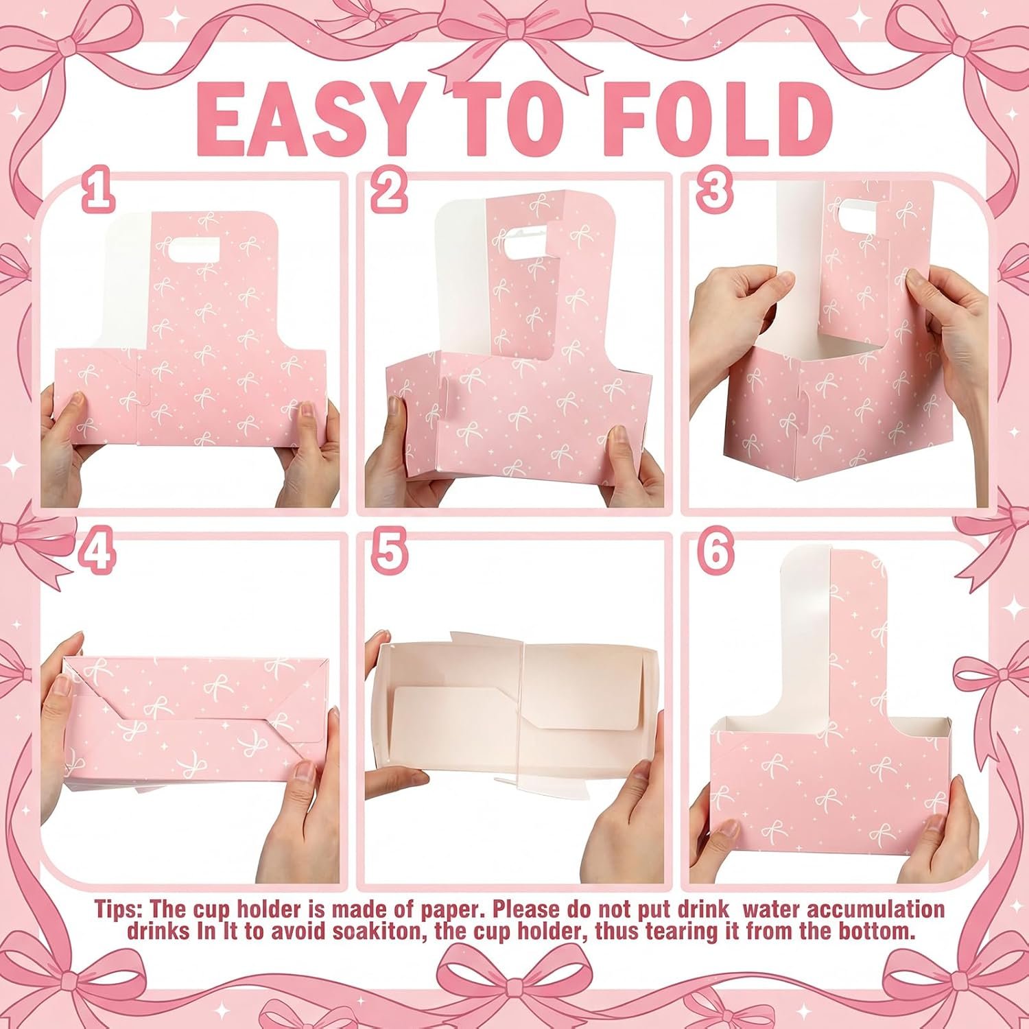 Bolsas de regalo de papel desechables de 24 Pcs con logo personalizado, portacopas de 2 tazas de cartón rosa, portátiles para bebidas y flores, marca blanca, suministros para fiestas de fábrica.