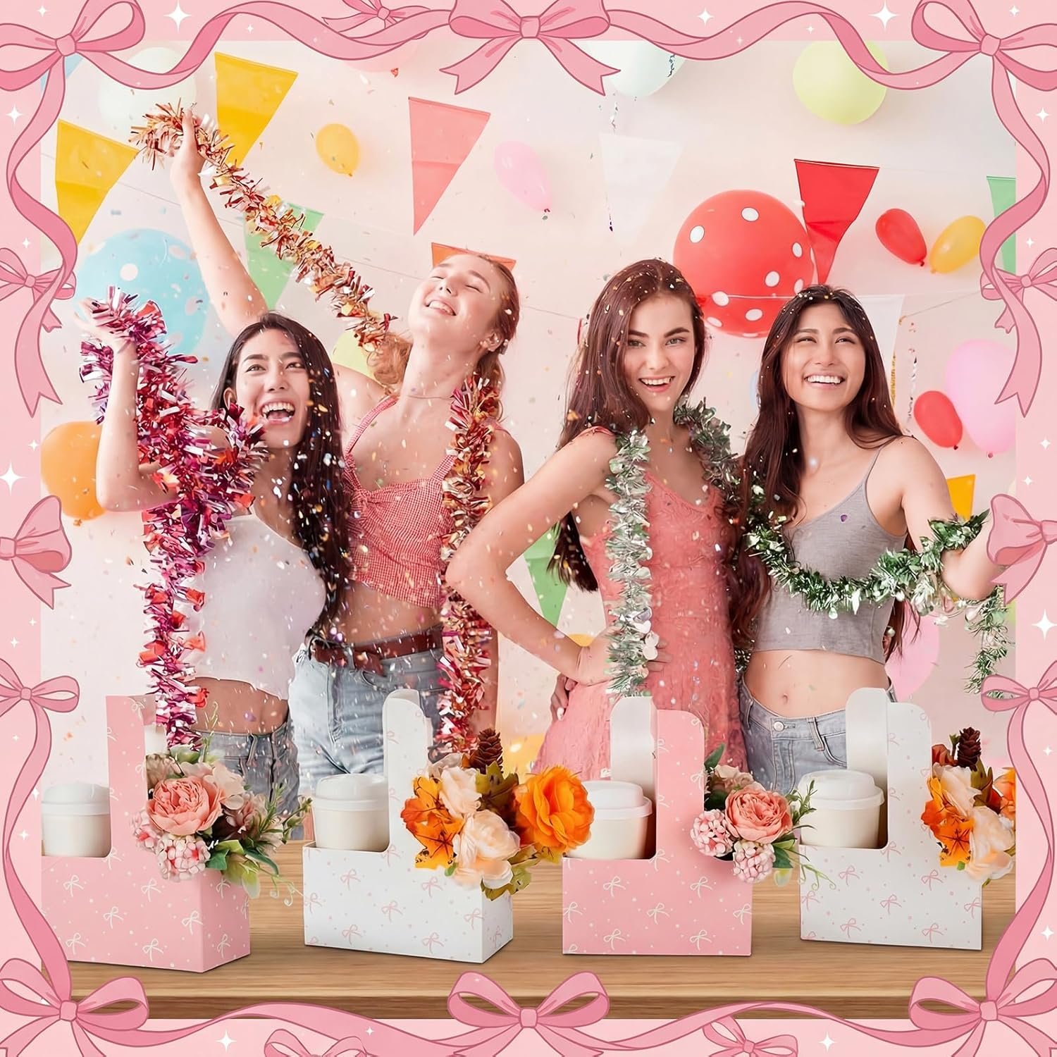 Bolsas de regalo de papel desechables de 24 Pcs con logo personalizado, portacopas de 2 tazas de cartón rosa, portátiles para bebidas y flores, marca blanca, suministros para fiestas de fábrica.