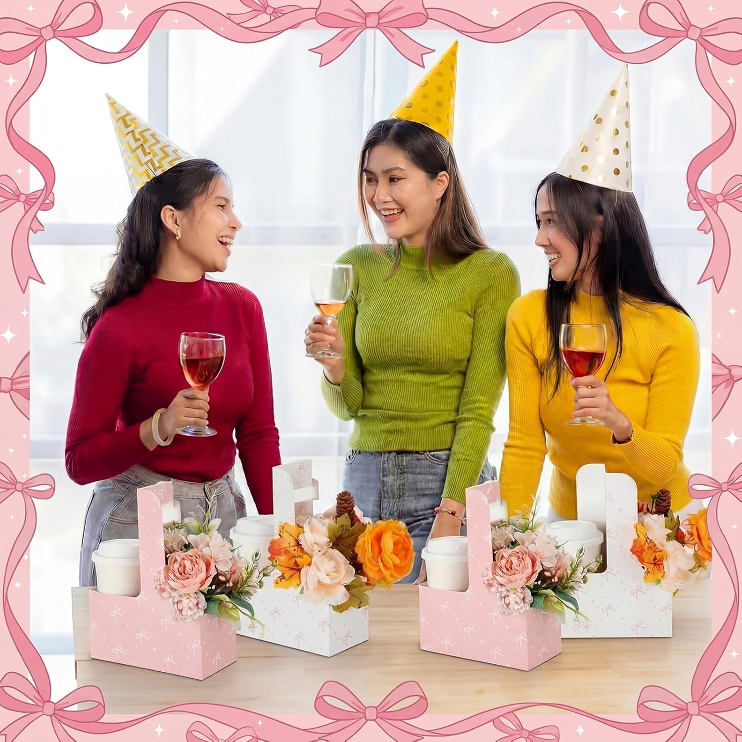 Bolsas de regalo de papel desechables de 24 Pcs con logo personalizado, portacopas de 2 tazas de cartón rosa, portátiles para bebidas y flores, marca blanca, suministros para fiestas de fábrica.