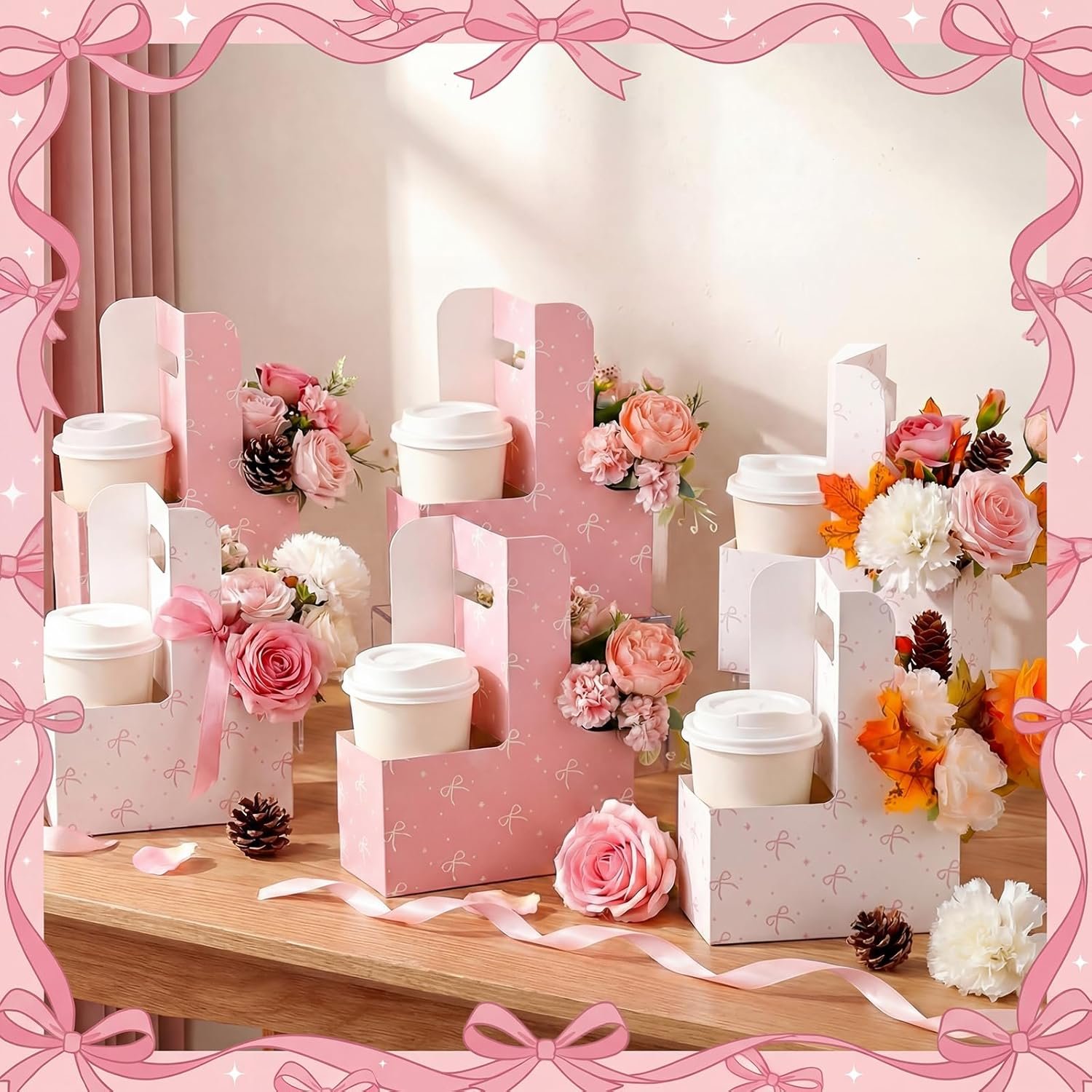Bolsas de regalo de papel desechables de 24 Pcs con logo personalizado, portacopas de 2 tazas de cartón rosa, portátiles para bebidas y flores, marca blanca, suministros para fiestas de fábrica.