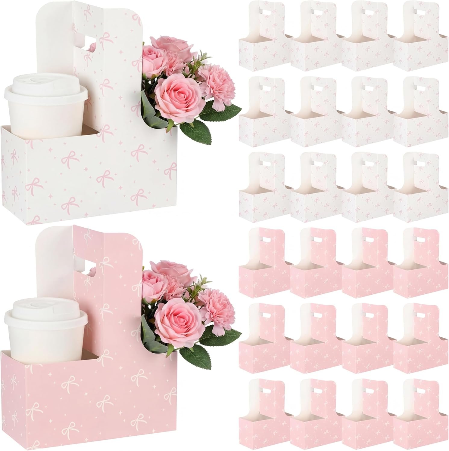 Bolsas de regalo de papel desechables de 24 Pcs con logo personalizado, portacopas de 2 tazas de cartón rosa, portátiles para bebidas y flores, marca blanca, suministros para fiestas de fábrica.