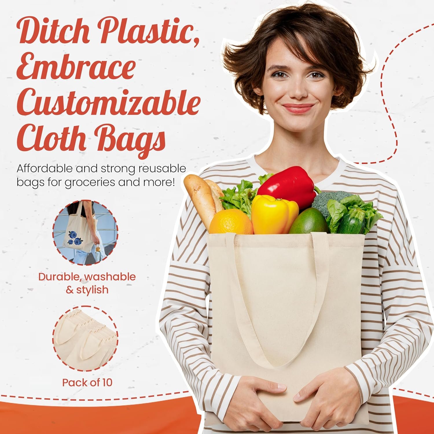 Bolsa de Tela Reusable 50-Pack con Logo Personalizado - Tote Ligera Mediana para Compras, Proyectos de DIY, Manualidades y Bordado, Fábrica de Bolsas Personalizadas