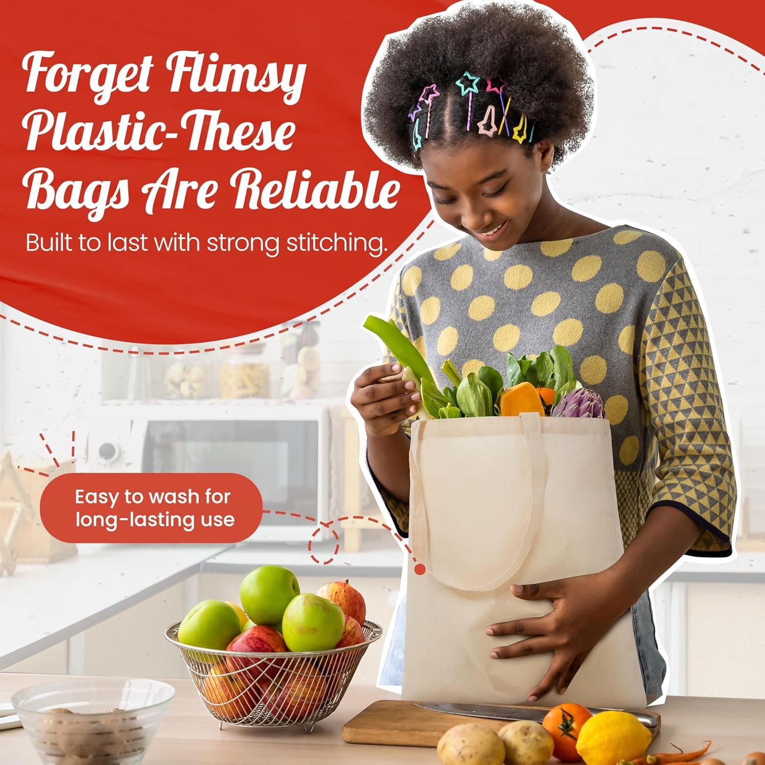 Bolsa de Tela Reusable 50-Pack con Logo Personalizado - Tote Ligera Mediana para Compras, Proyectos de DIY, Manualidades y Bordado, Fábrica de Bolsas Personalizadas