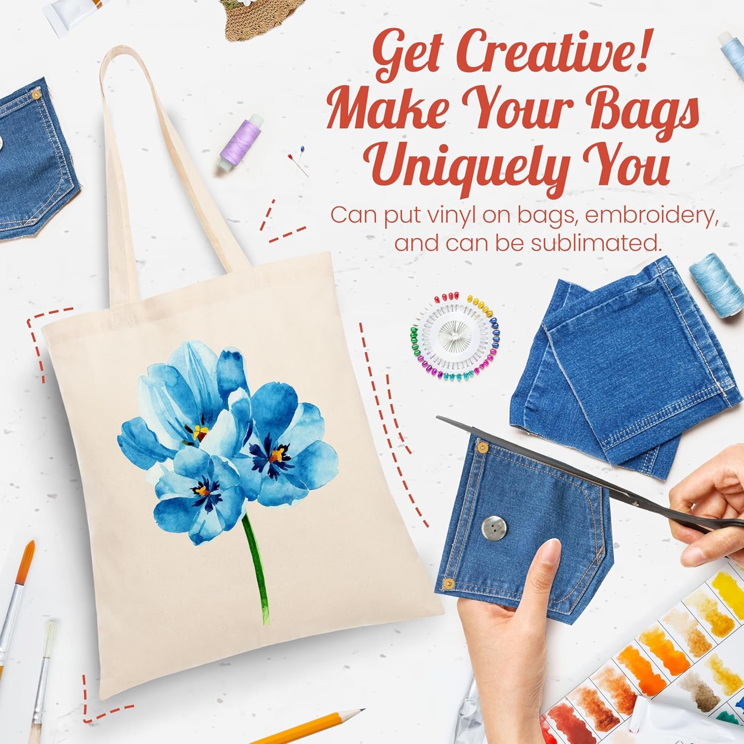 Bolsa de Tela Reusable 50-Pack con Logo Personalizado - Tote Ligera Mediana para Compras, Proyectos de DIY, Manualidades y Bordado, Fábrica de Bolsas Personalizadas