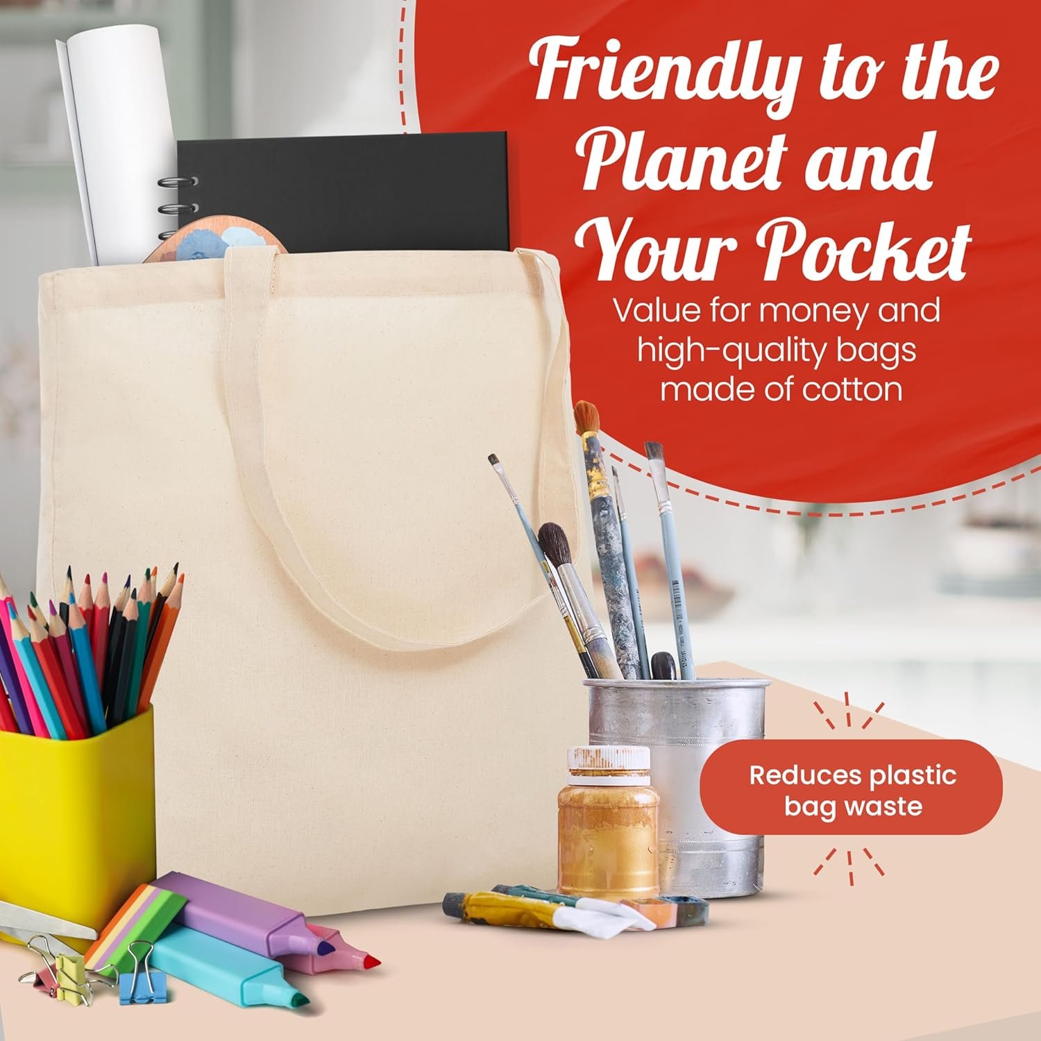 Bolsa de Tela Reusable 50-Pack con Logo Personalizado - Tote Ligera Mediana para Compras, Proyectos de DIY, Manualidades y Bordado, Fábrica de Bolsas Personalizadas