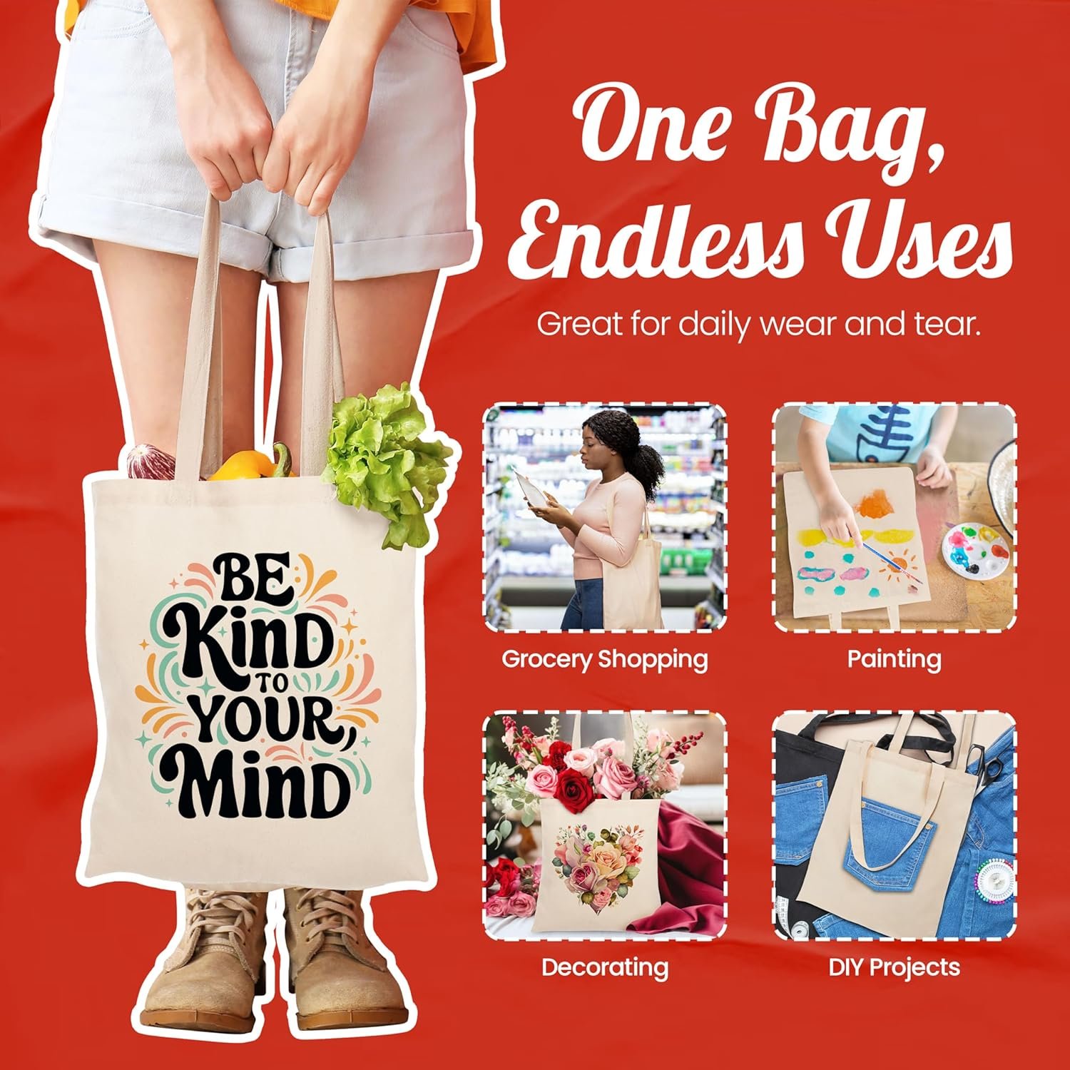 Bolsa de Tela Reusable 50-Pack con Logo Personalizado - Tote Ligera Mediana para Compras, Proyectos de DIY, Manualidades y Bordado, Fábrica de Bolsas Personalizadas