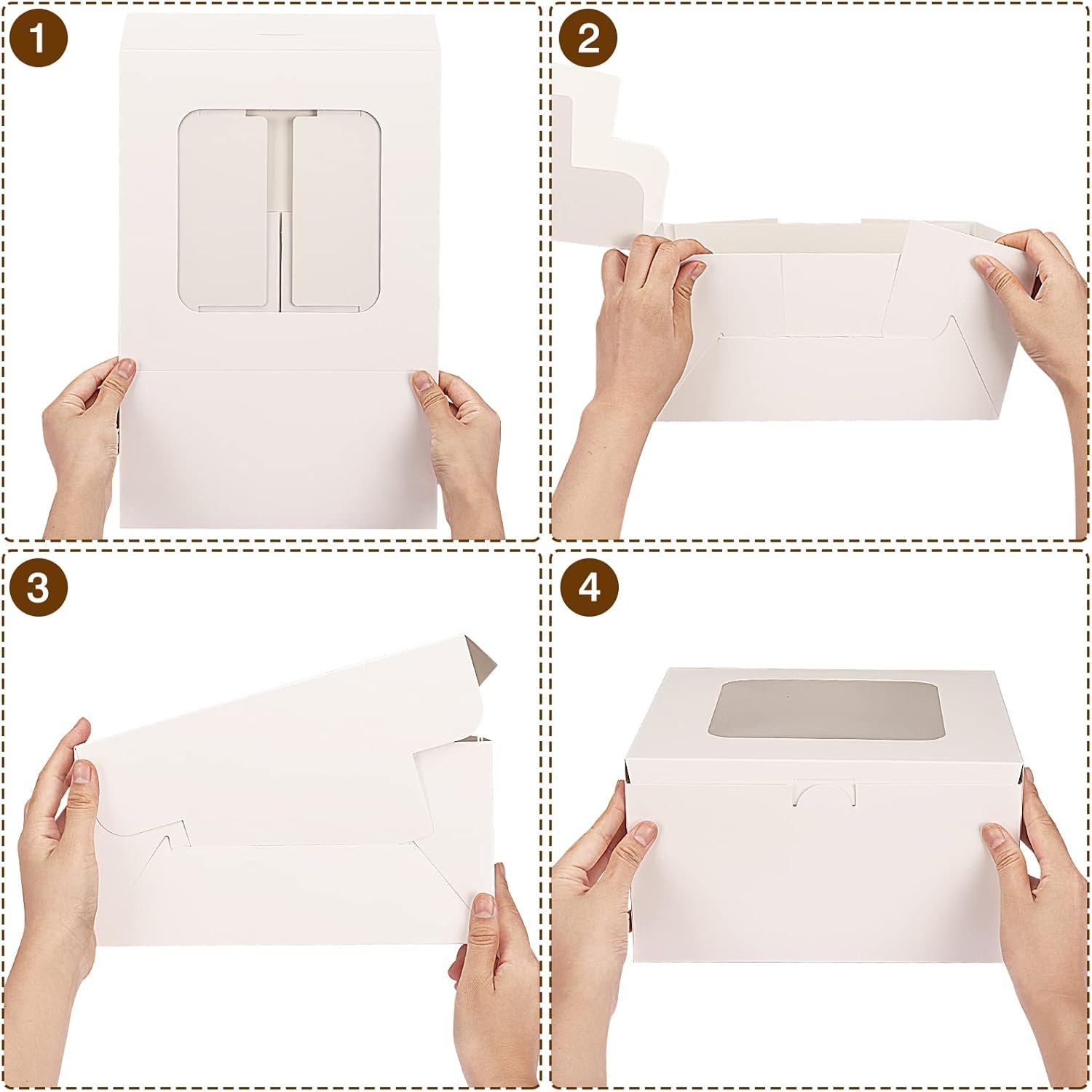 Caja de pastel desechable 48 pack 10x10x5 pulgadas con tableros y pegatinas, ideal para logotipo personalizado y marca blanca. Proveedor de cajas con ventana para San Valentín, Día de la Madre, pasteles, cupcakes, tartas y galletas.