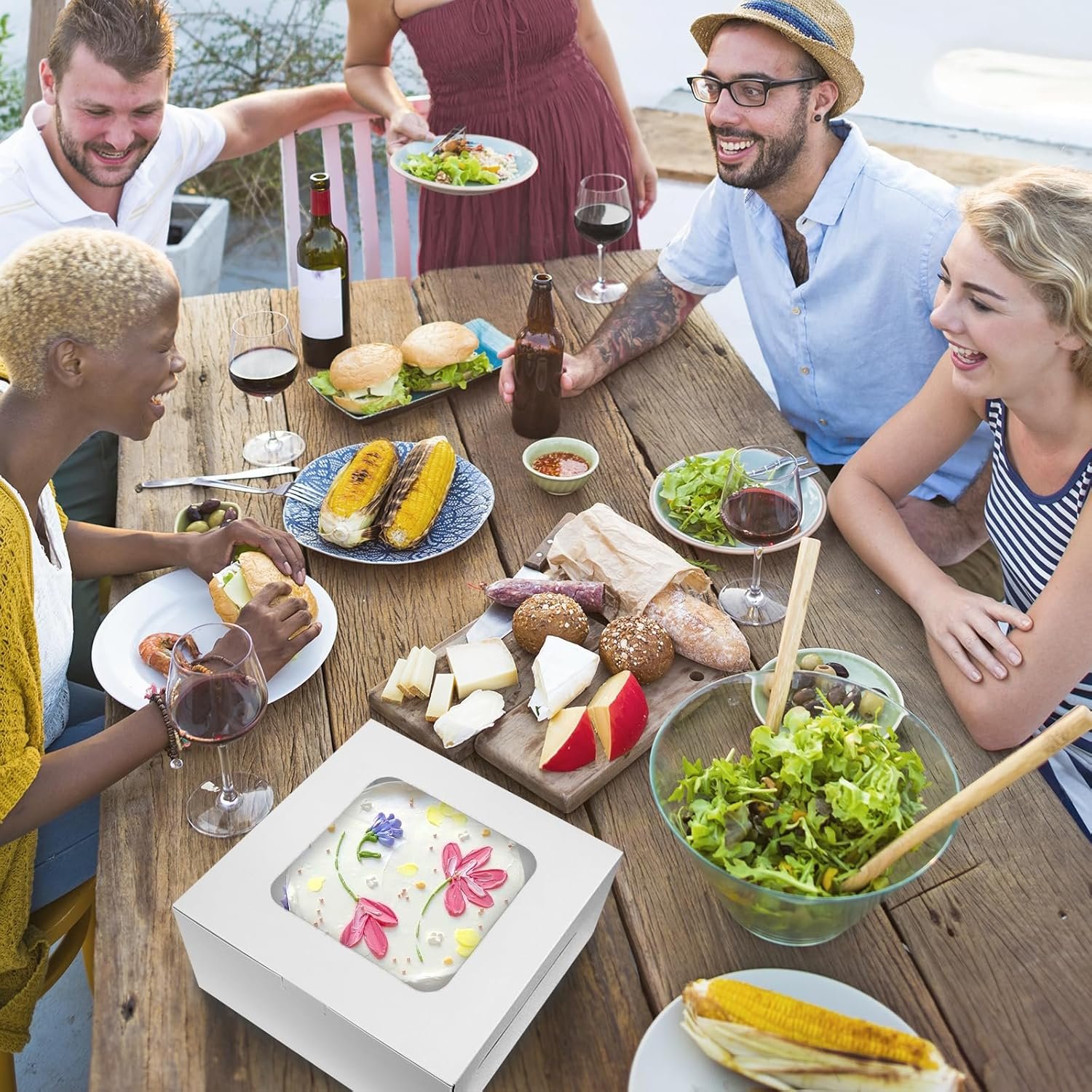 Caja de pastel desechable 48 pack 10x10x5 pulgadas con tableros y pegatinas, ideal para logotipo personalizado y marca blanca. Proveedor de cajas con ventana para San Valentín, Día de la Madre, pasteles, cupcakes, tartas y galletas.