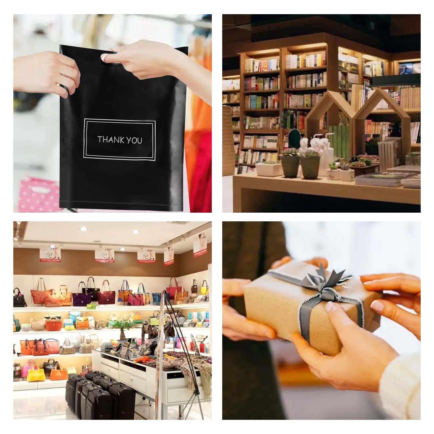 Bolsas de Merci de 200pcs para pequeñas empresas, Bolsas de plástico negras reutilizables con asas, ideales para tiendas de ropa y suministros, personalizadas con Logo, 8x12 y 12x15, de Fábrica.