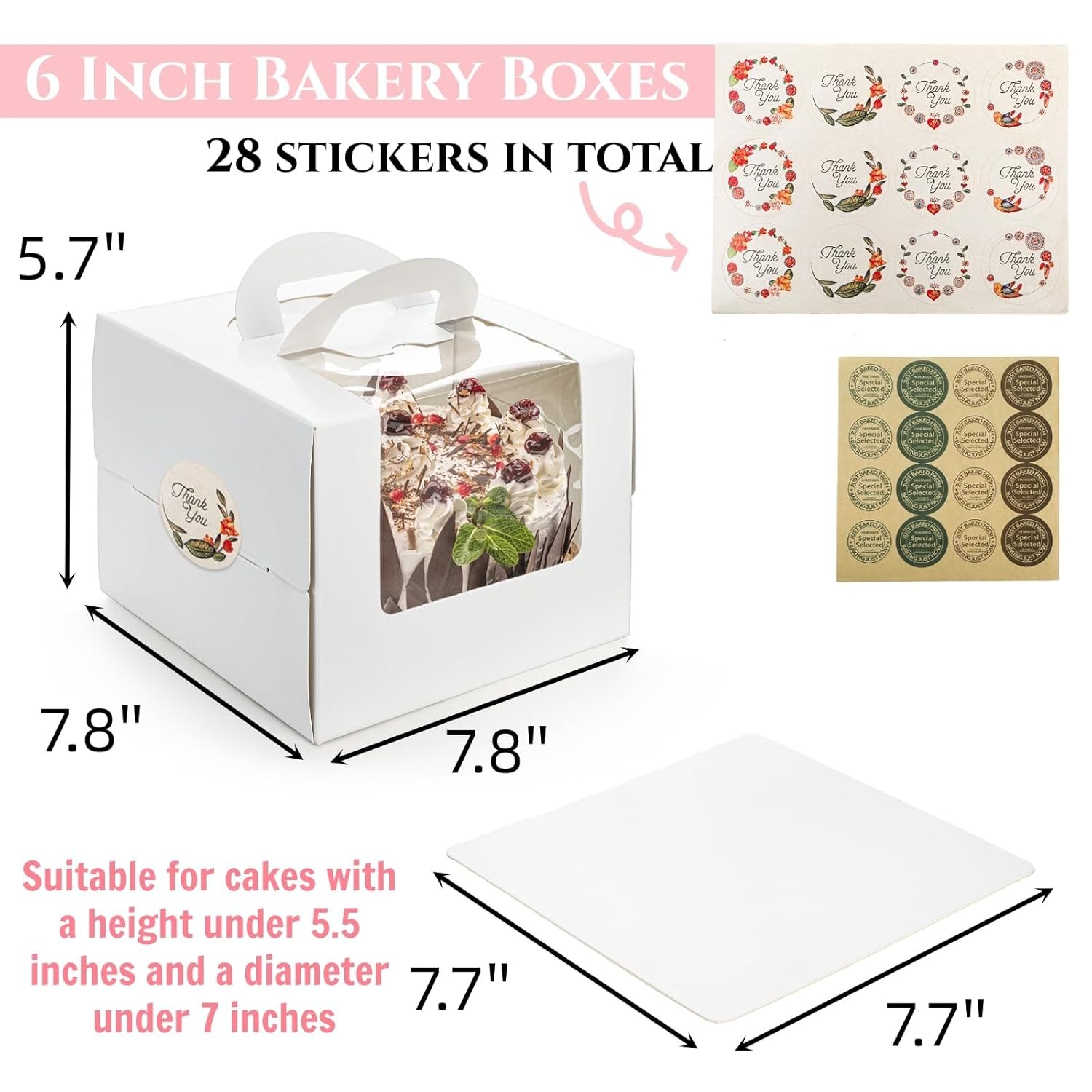 Caja de pastel con logo personalizado, 40 paquetes (20 cajas + 20 bases) de 7.8 x 7.8 x 5.7 pulgadas, envases para pasteles con ventana transparente, etiquetas, contenedor desechable para pastel, donut, pie, marca blanca del proveedor.