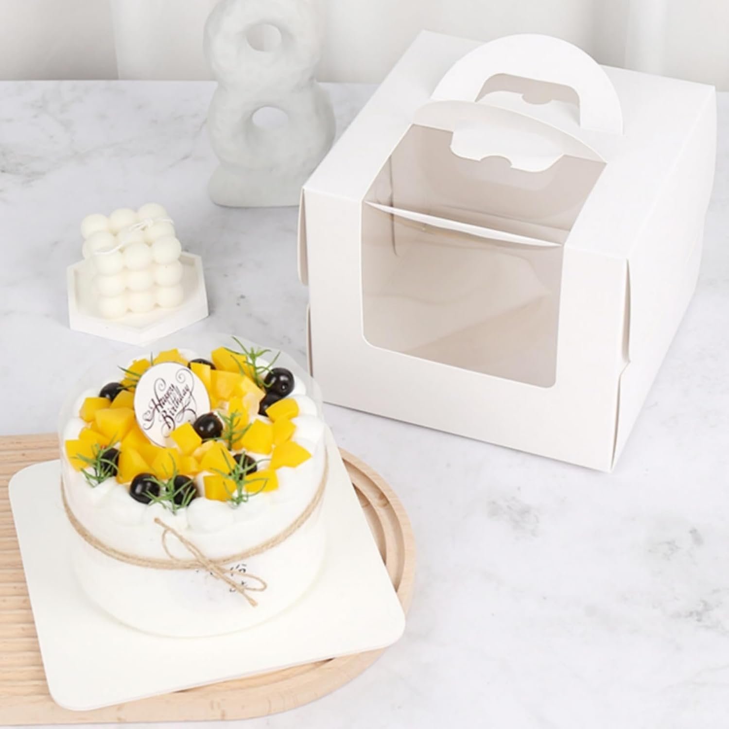 Caja de pastel con logo personalizado, 40 paquetes (20 cajas + 20 bases) de 7.8 x 7.8 x 5.7 pulgadas, envases para pasteles con ventana transparente, etiquetas, contenedor desechable para pastel, donut, pie, marca blanca del proveedor.