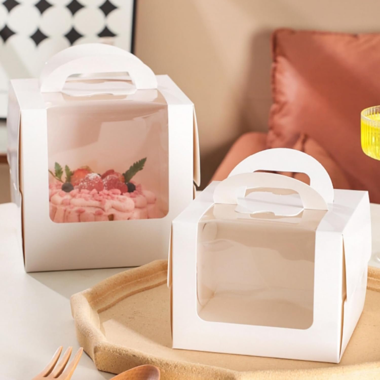 Caja de pastel con logo personalizado, 40 paquetes (20 cajas + 20 bases) de 7.8 x 7.8 x 5.7 pulgadas, envases para pasteles con ventana transparente, etiquetas, contenedor desechable para pastel, donut, pie, marca blanca del proveedor.