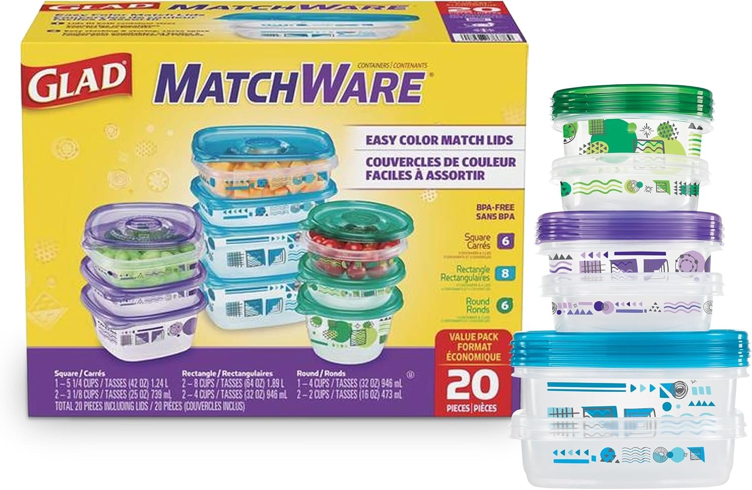 Contenedores de Almacenamiento de Alimentos de Plástico Reutilizables con Tapa, Pack Variado para Almuerzo, Preparación de Comidas y Sobras, Resistentes a Fugas, Aptos para Microondas y Lavavajillas, 20 Piezas, Marca Blanca de Proveedor.