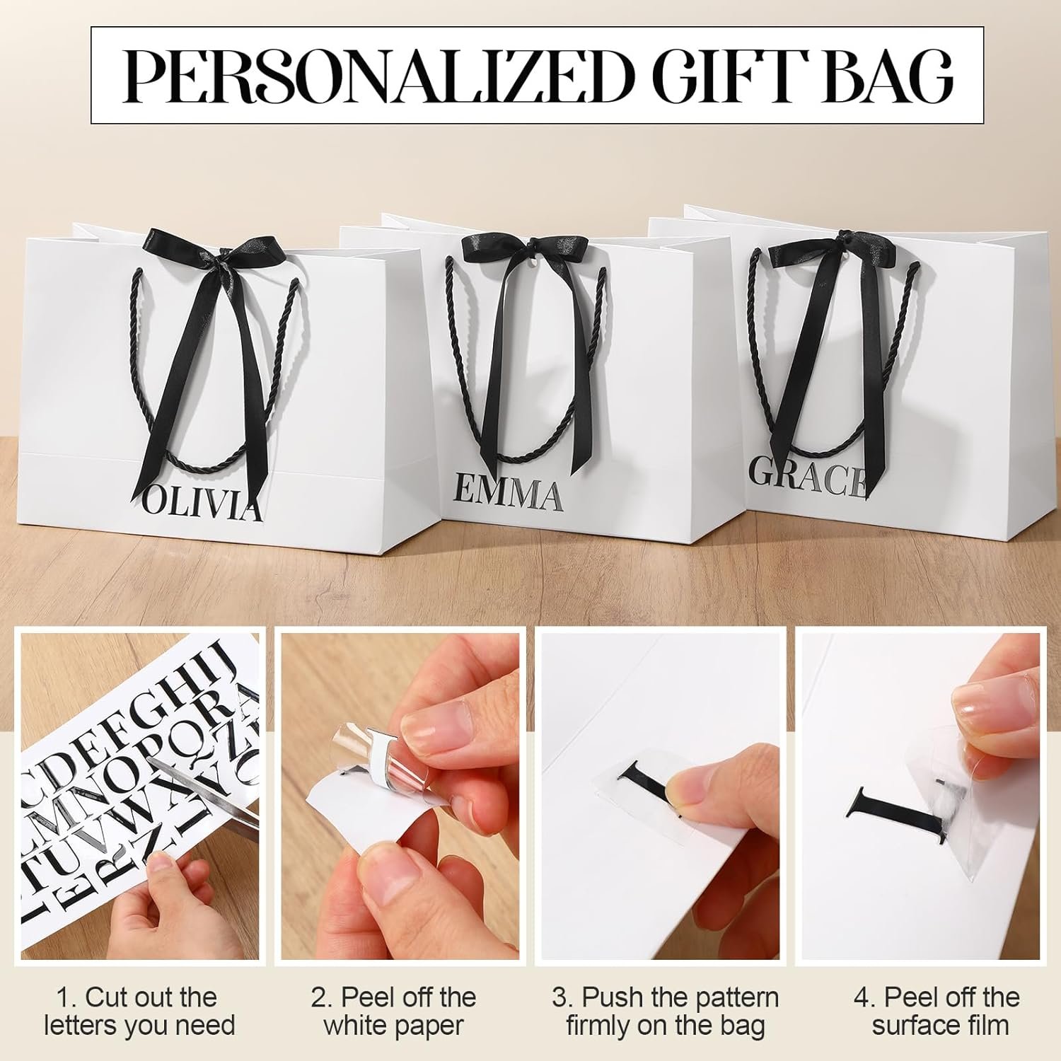 Bolsas de regalo de papel personalizadas para damas de honor con logo personalizado, set de 8 unidades de 11x8 pulgadas en negro y blanco, con lazo y etiquetas de nombre, para bodas, despedidas de soltera, compromisos y fiestas de cumpleaños, Proveedor de soluciones para eventos.