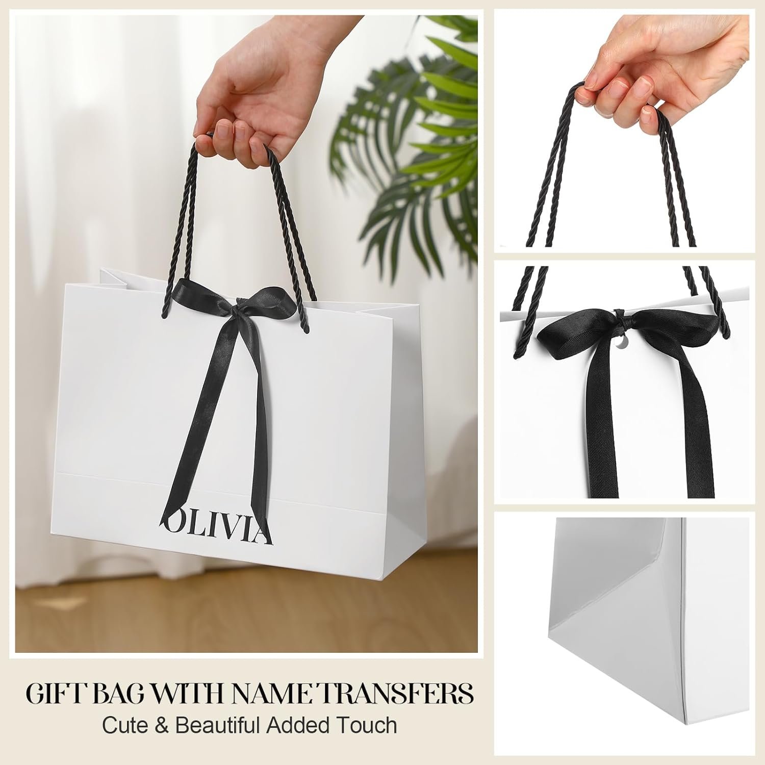 Bolsas de regalo de papel personalizadas para damas de honor con logo personalizado, set de 8 unidades de 11x8 pulgadas en negro y blanco, con lazo y etiquetas de nombre, para bodas, despedidas de soltera, compromisos y fiestas de cumpleaños, Proveedor de soluciones para eventos.