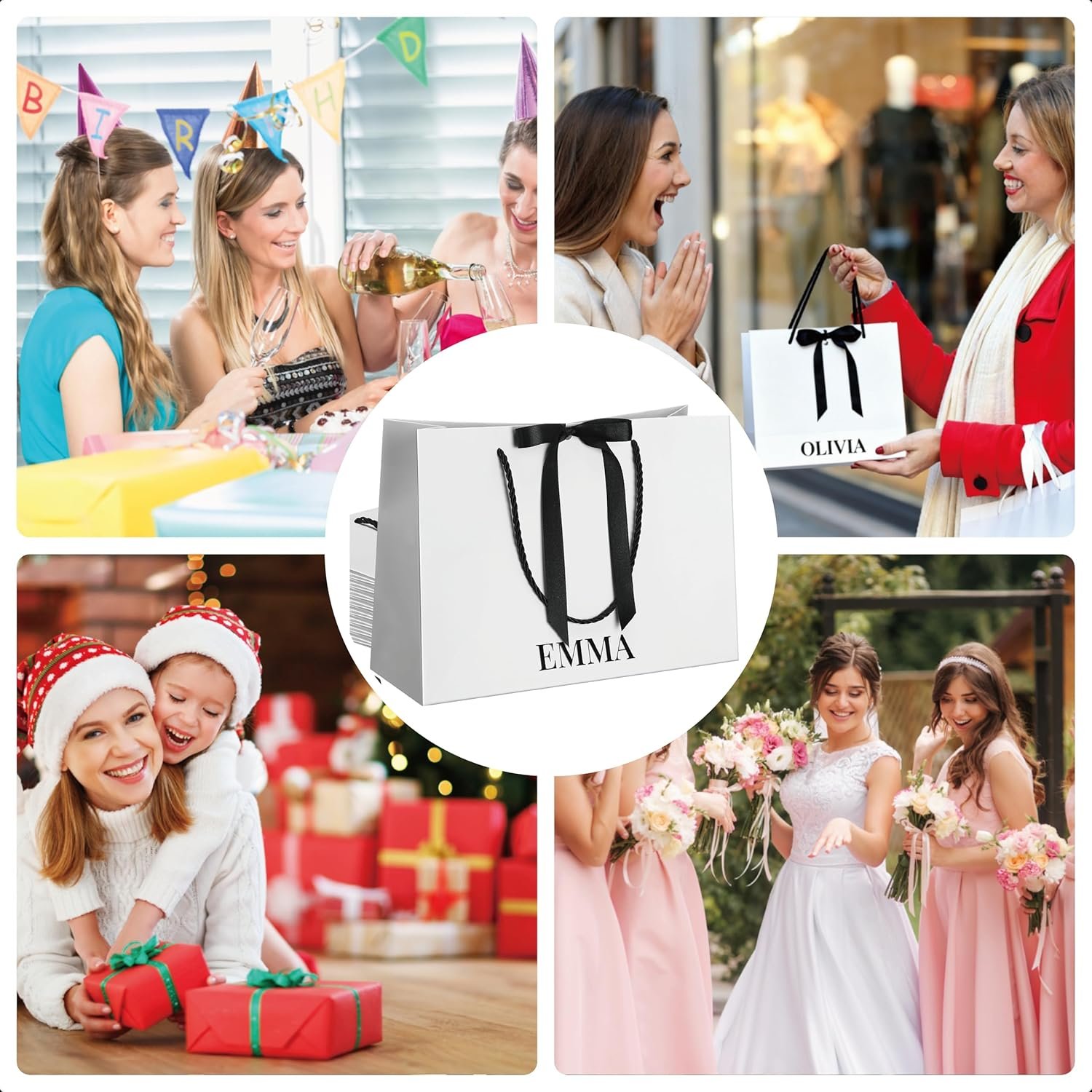 Bolsas de regalo de papel personalizadas para damas de honor con logo personalizado, set de 8 unidades de 11x8 pulgadas en negro y blanco, con lazo y etiquetas de nombre, para bodas, despedidas de soltera, compromisos y fiestas de cumpleaños, Proveedor de soluciones para eventos.