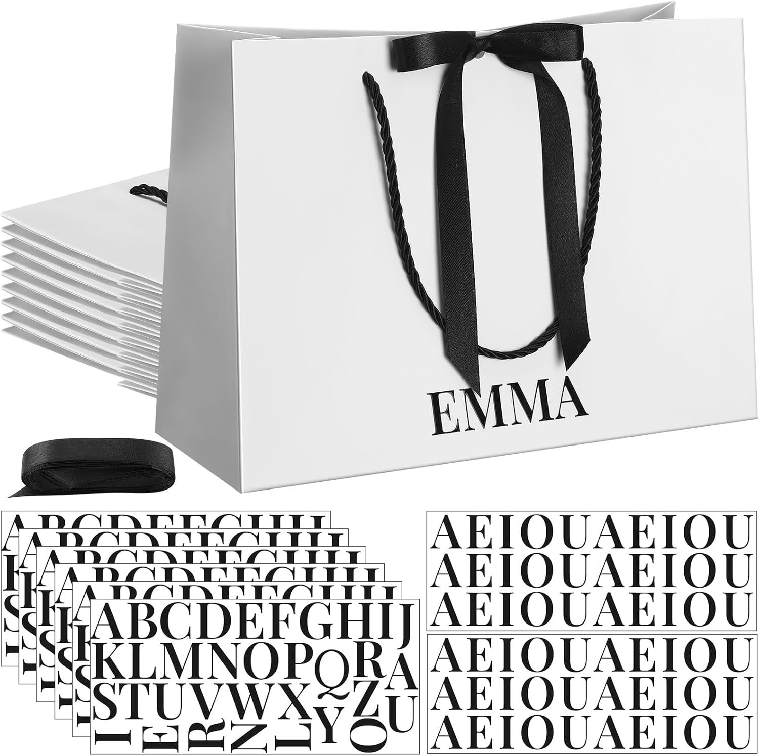 Bolsas de regalo de papel personalizadas para damas de honor con logo personalizado, set de 8 unidades de 11x8 pulgadas en negro y blanco, con lazo y etiquetas de nombre, para bodas, despedidas de soltera, compromisos y fiestas de cumpleaños, Proveedor de soluciones para eventos.