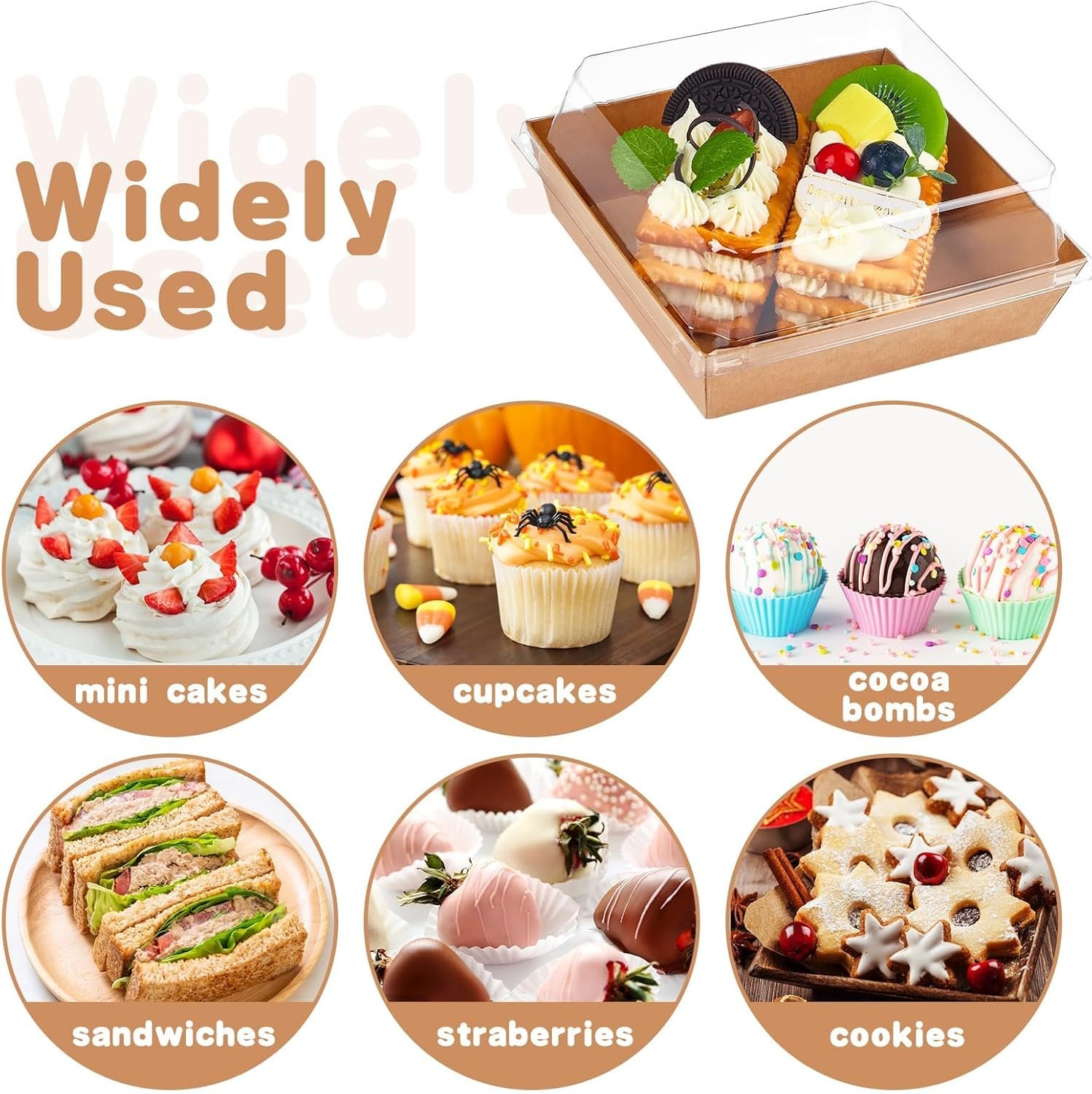 Cajas de Charcutería Desechables para Postres con Tapas Transparentes de 4 Pulgadas, 50 Pack, Marca Blanca, ideal para Galletas, Porciones de Pastel, Mini Pasteles, Fresa con Chocolate, Proveedor. Logo Personalizado disponible.