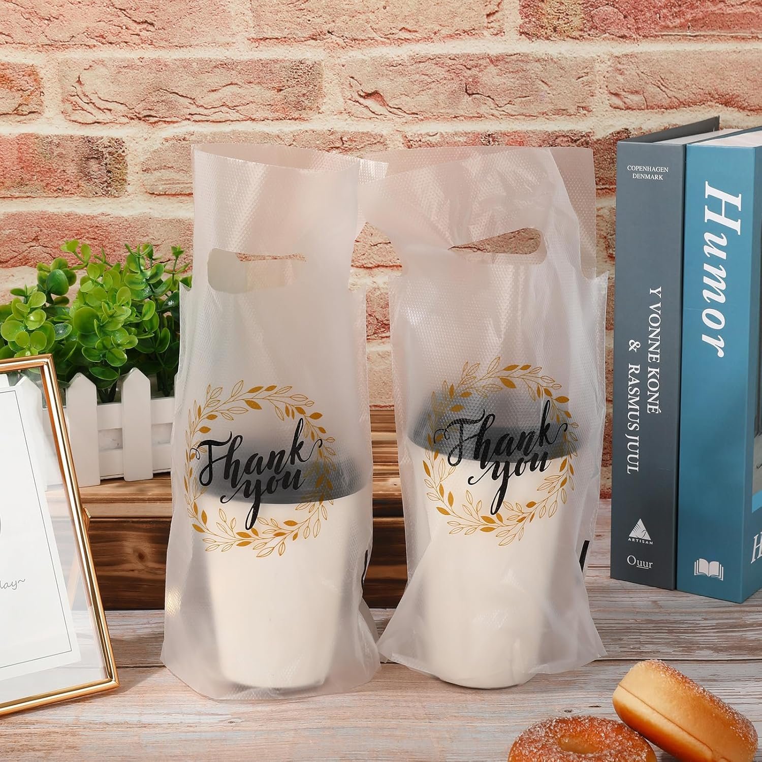 Bolsas plásticas de bebida con asa para delivery y comida para llevar, personalizadas con logo, 1 taza y capacidad de hasta 1000 unidades, 11 x 6.3 pulgadas, distribuidas por fabricante.