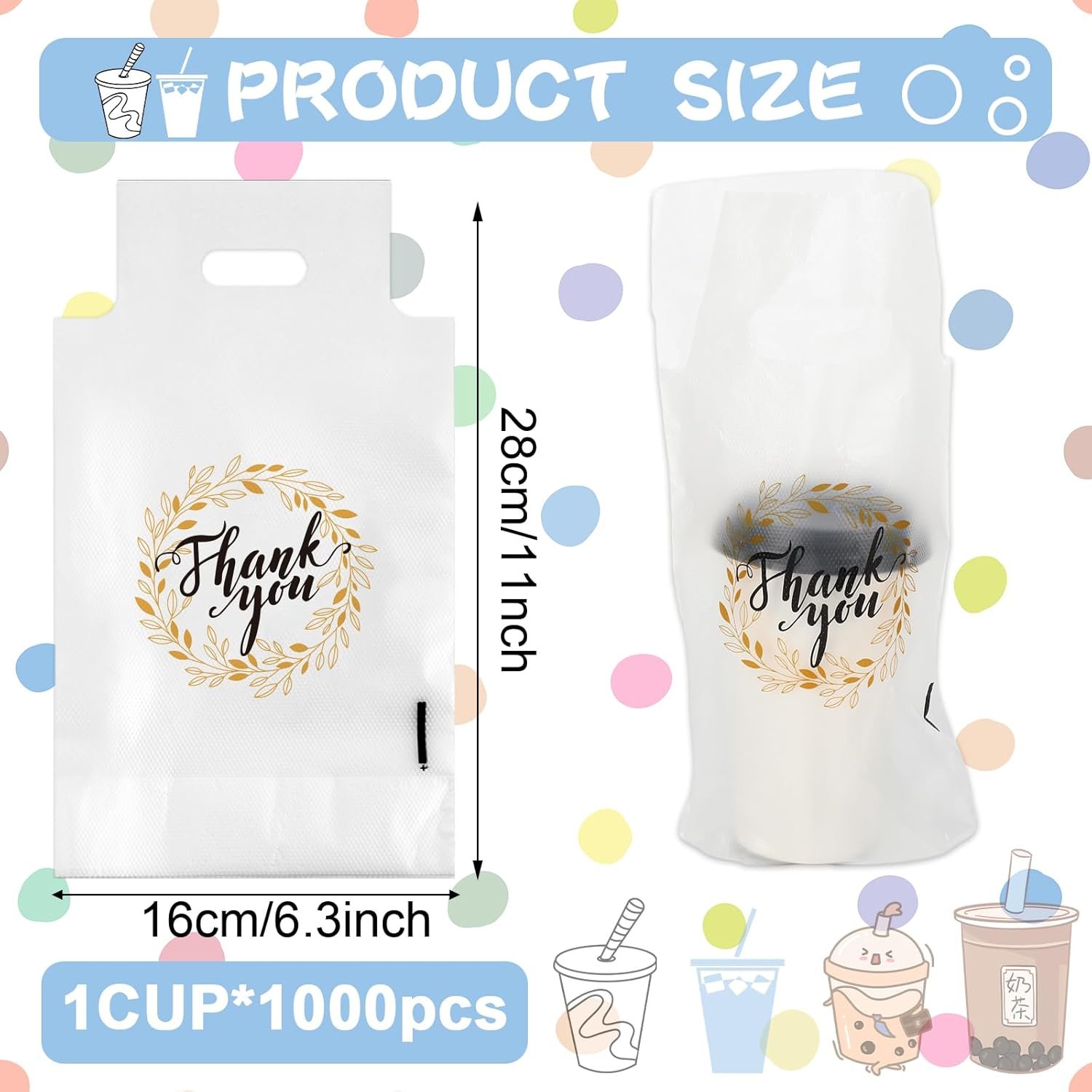 Bolsas plásticas de bebida con asa para delivery y comida para llevar, personalizadas con logo, 1 taza y capacidad de hasta 1000 unidades, 11 x 6.3 pulgadas, distribuidas por fabricante.