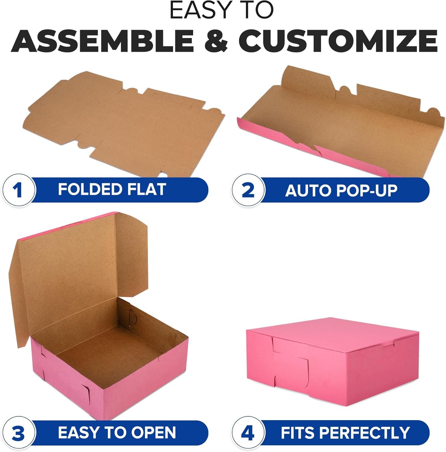 Cajas de pastelería rosas 8x8x4 [25 unidades] con logo personalizado para cupcakes, postres, galletas y dulces, ideal para empaques de panaderías y productos horneados caseros, fabricadas por un proveedor confiable.