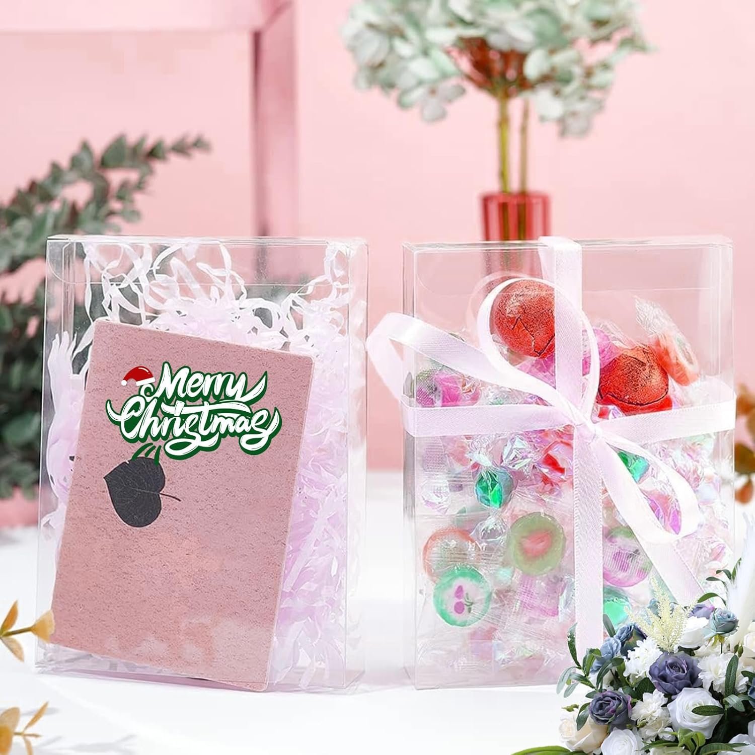 Cajas Transparentes de Regalo con Logo Personalizado, 80 Pcs Cajas Rectangulares de PVC 5 x 4 x 1.2 Pulgadas para Empaque de Postres y Dulces, Marca Blanca, Proveedor de Cajas para Bodas, Fiestas y Eventos.