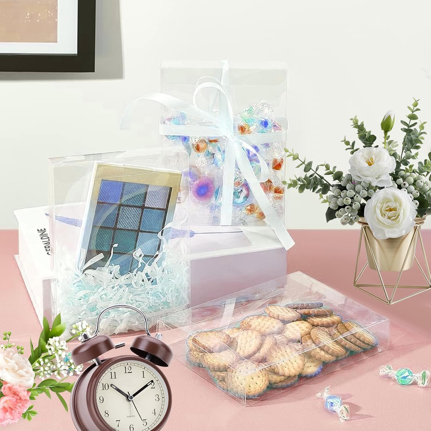 Cajas Transparentes de Regalo con Logo Personalizado, 80 Pcs Cajas Rectangulares de PVC 5 x 4 x 1.2 Pulgadas para Empaque de Postres y Dulces, Marca Blanca, Proveedor de Cajas para Bodas, Fiestas y Eventos.