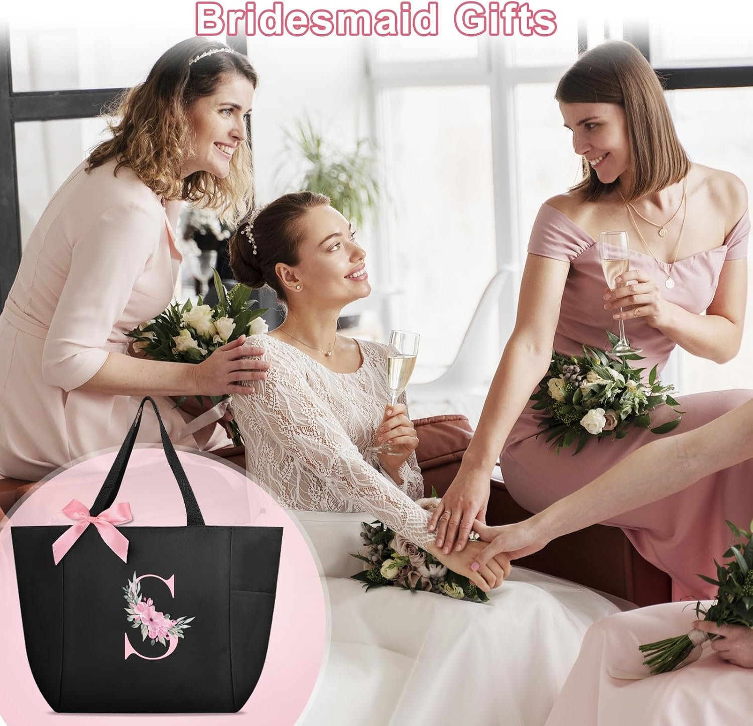 Tote Bag impermeable con logo personalizado, bolsa monogramada de iniciales A-Z para regalos de damas de honor, fabricada por un proveedor en negro y rosa.