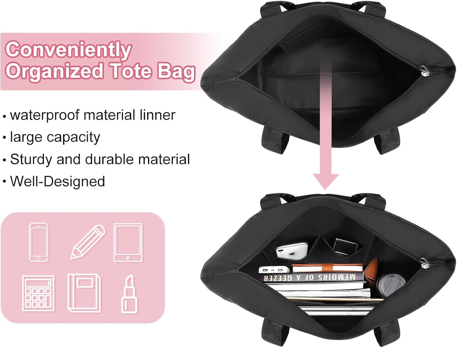 Tote Bag impermeable con logo personalizado, bolsa monogramada de iniciales A-Z para regalos de damas de honor, fabricada por un proveedor en negro y rosa.