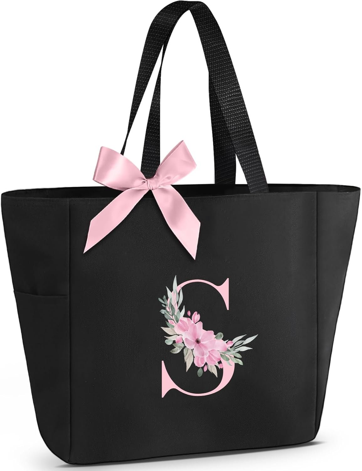 Tote Bag impermeable con logo personalizado, bolsa monogramada de iniciales A-Z para regalos de damas de honor, fabricada por un proveedor en negro y rosa.