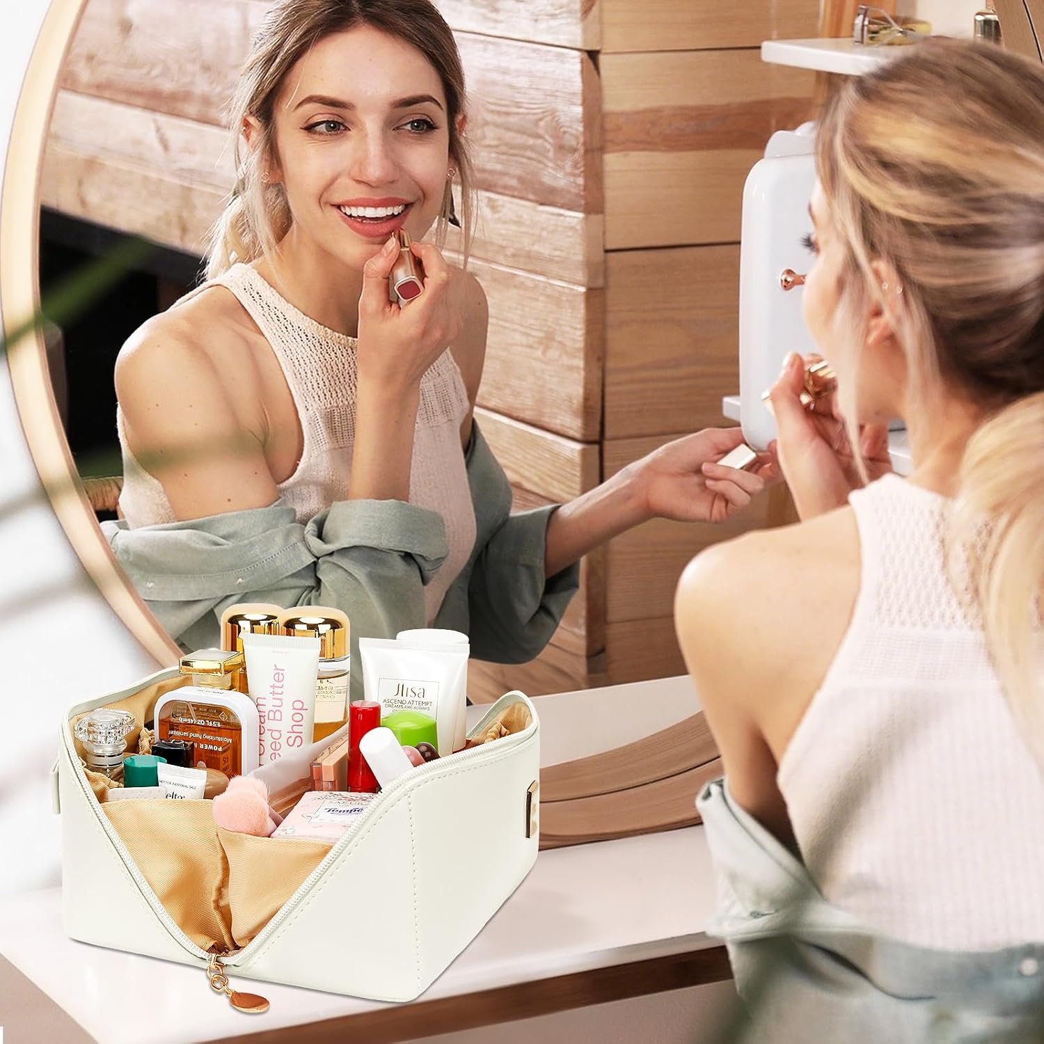 Logo Personalizado Neceser de Maquillaje Personalizado para Mujeres y Adolescentes, Set de Bolsa de Cosméticos Abierta con Divisor Transparente y Asa (Beige, A) de Proveedor Fábrica. Logo Personalizado Neceser de Maquillaje Personalizado para Mujeres y Adolescentes, Set de Bolsa de Cosméticos Abierta con Divisor Transparente y Asa (Beige, A) de Proveedor Fábrica.