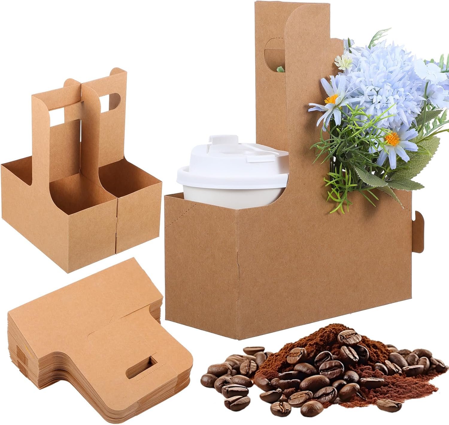 Logo Personalizado Soporte de Bebidas de Cartón desechable para 2 o 4 Tazas con Asas, ideal para bebidas frías o calientes, servicio de comida para llevar en café Producto de Marca Blanca de nuestro Proveedor.