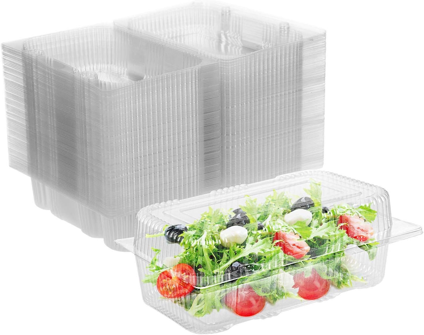 Contenedor de comida desechable con logo personalizado - 70 unidades de envases clamshell transparentes, tamaño interno 6.3" largo x 3.9" ancho x 2.7" profundidad, proveedor especializado.