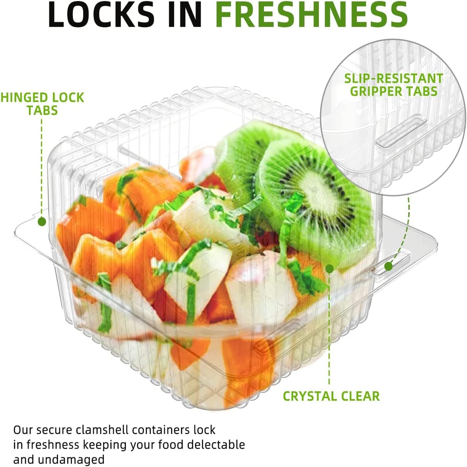 Contenedores Clamshell de Plástico Transparente con Bisagra para Comida de 50 Unidades, Marca Blanca, ideales para postres, aperitivos, rebanadas de pastel, galletas y ensaladas, Proveedor.