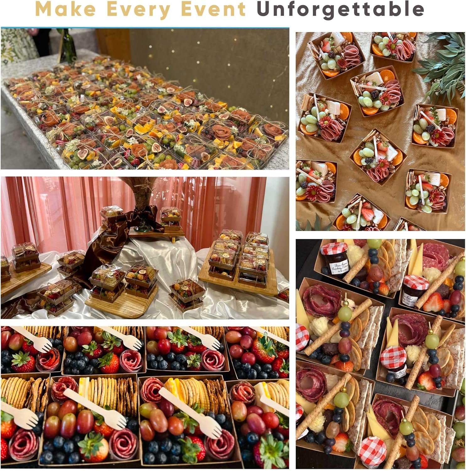 Cajas pequeñas de charcutería desechables con tapa clara - Paquete de 50, 5 pulgadas, ideales para sándwiches, galletas, sushi, porciones de pastel, fresas, personalización de logo, Marca Blanca – Proveedor de soluciones para eventos.