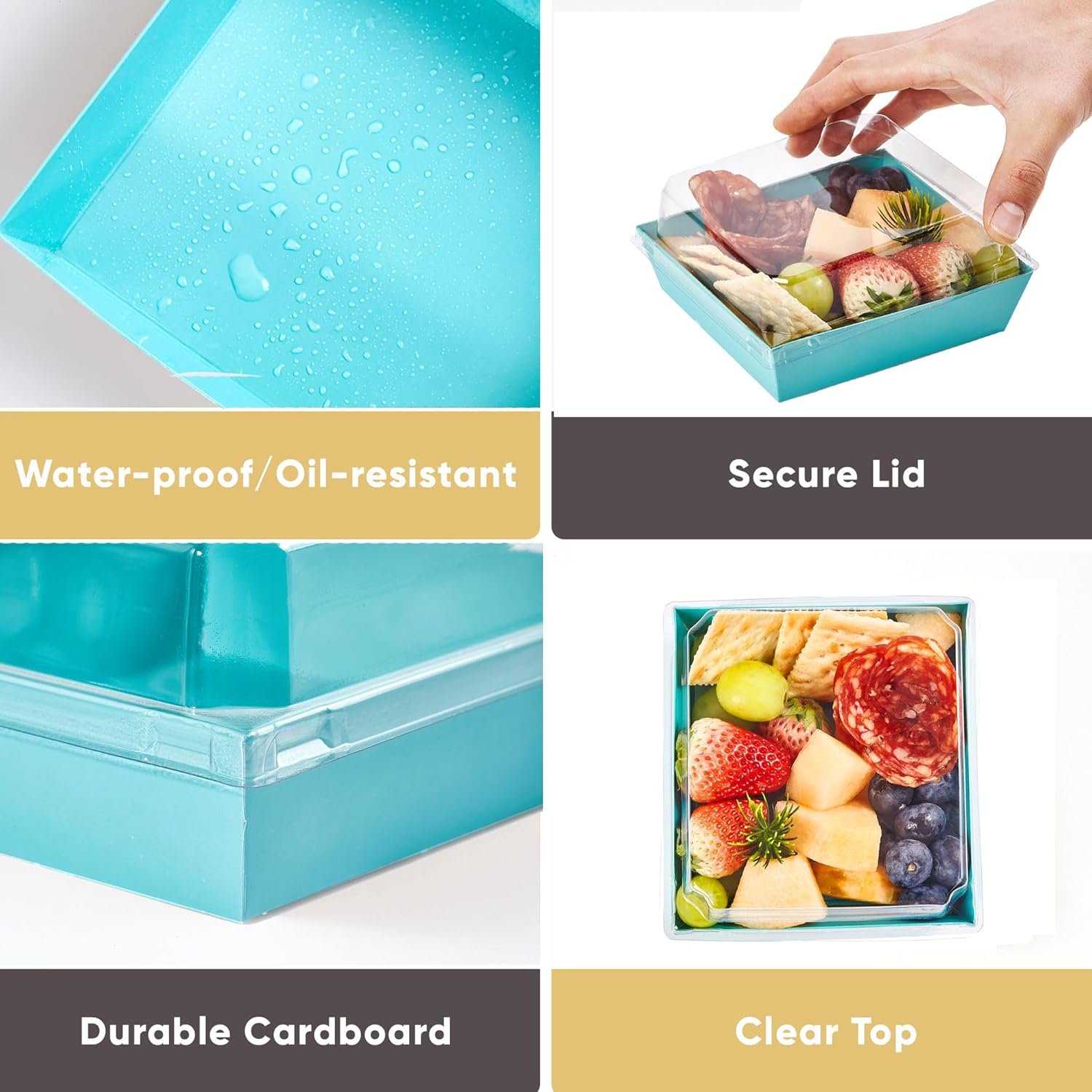 Cajas pequeñas de charcutería desechables con tapa clara - Paquete de 50, 5 pulgadas, ideales para sándwiches, galletas, sushi, porciones de pastel, fresas, personalización de logo, Marca Blanca – Proveedor de soluciones para eventos.