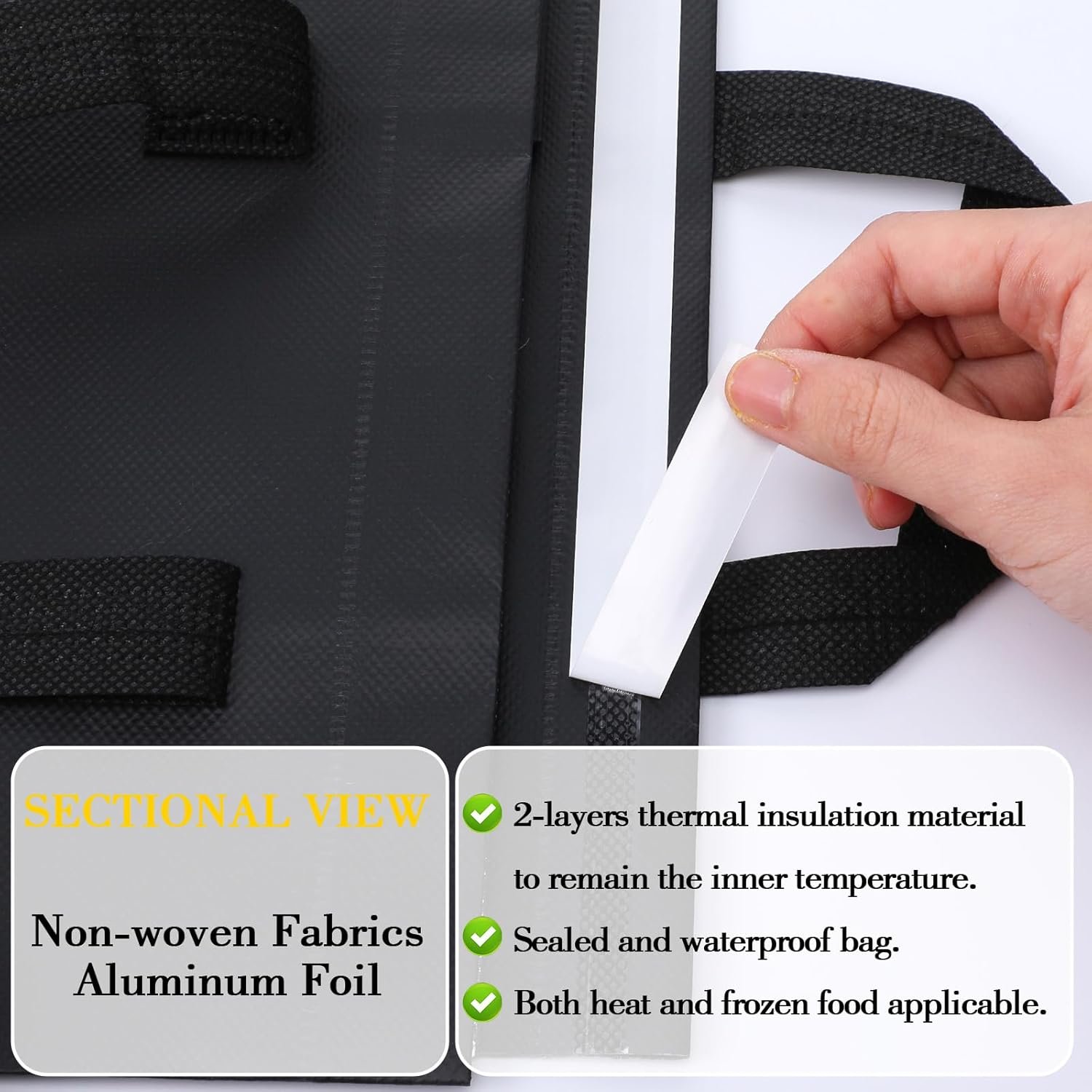 Logo Personalizado Bolsas Térmicas de 50 Pcs para Comida para Llevar, Aislamiento Térmico para Café, Té con Leche, Cenas para Llevar, Mariscos Frescos, Alimentos Fríos o Calientes, Proveedor de Bolsa Negra.