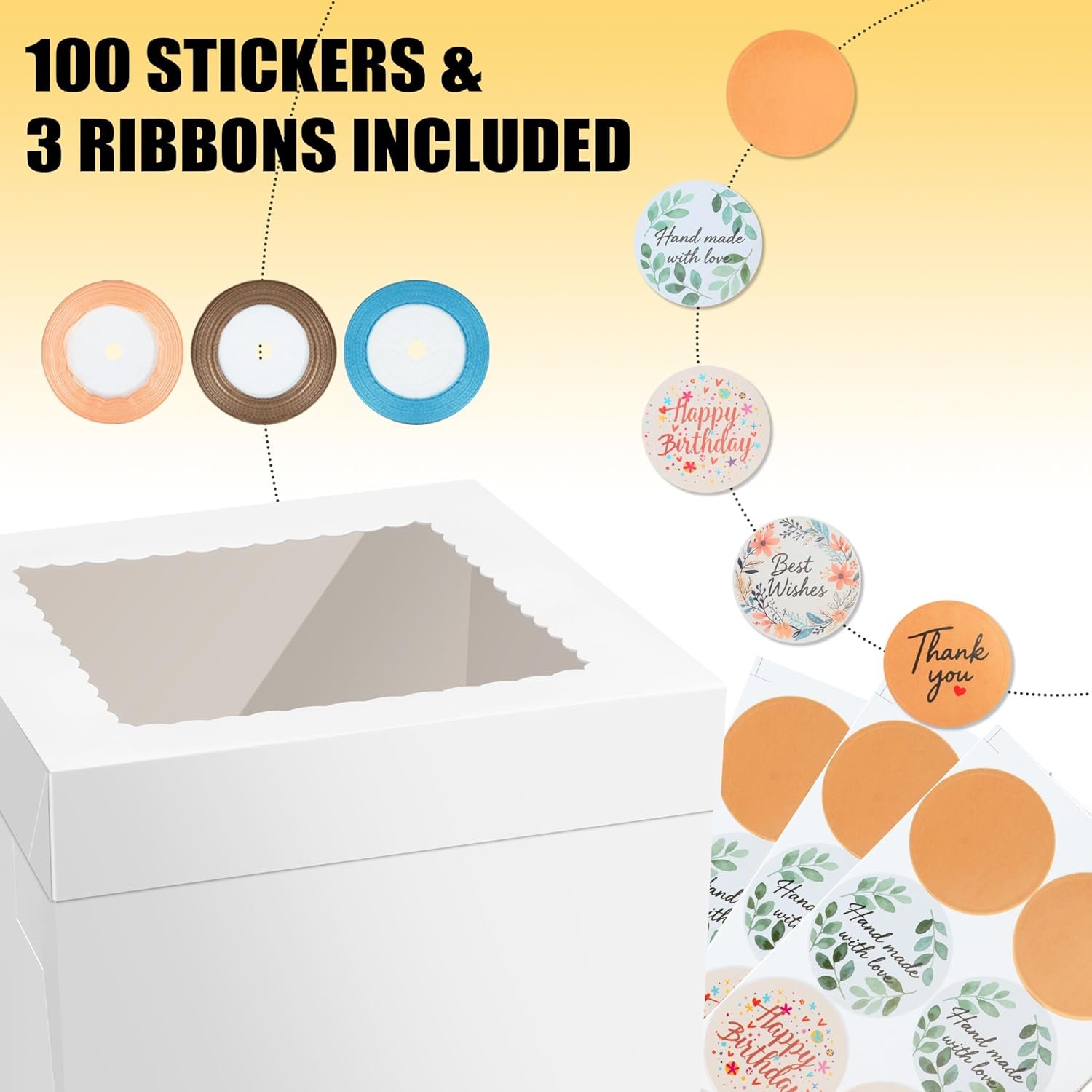 Logo Personalizado para Cajas de Pasteles, 40PCS Cajas para Pasteles de 10 pulgadas con Ventana (20 Cajas y 20 Tableros), incluye Cintas y Etiquetas, Caja desechable para Pastelería de 10x10x8 pulgadas para Galletas, Tartas y Cumpleaños, Marca Blanca del Proveedor.