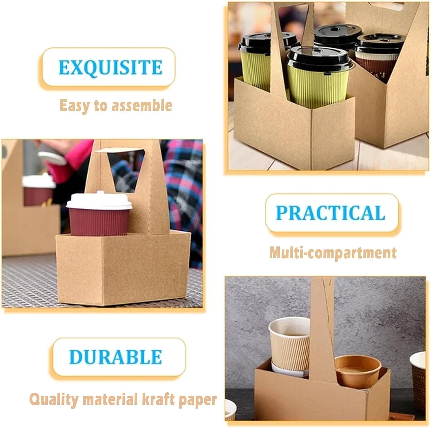 Porta bebidas Kraft de 20 unidades con asas, soporte desechable de papel para 2 tazas para bebidas calientes o frías, cafe para llevar, servicio de alimentos para restaurantes y cafeterías, Fábrica de logo personalizado.