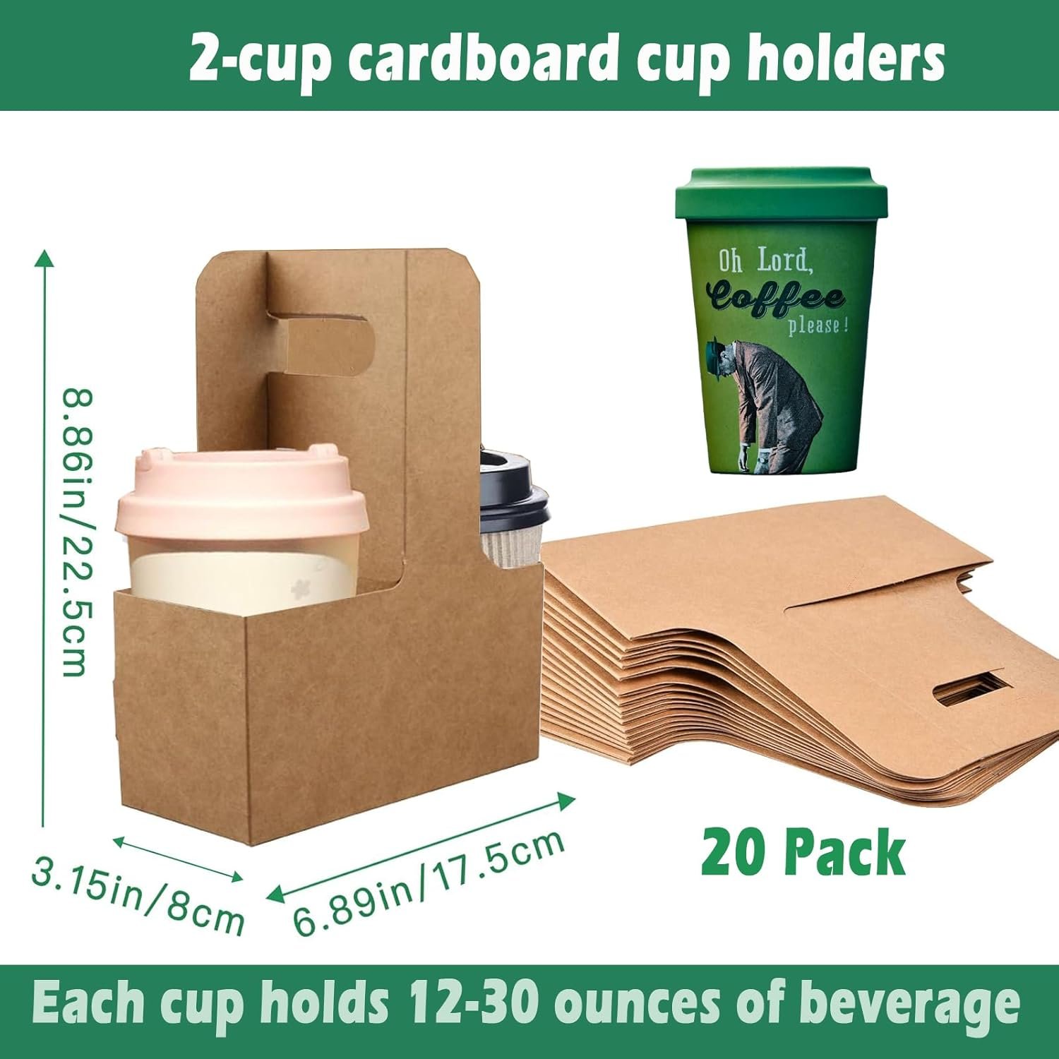 Porta bebidas Kraft de 20 unidades con asas, soporte desechable de papel para 2 tazas para bebidas calientes o frías, cafe para llevar, servicio de alimentos para restaurantes y cafeterías, Fábrica de logo personalizado.