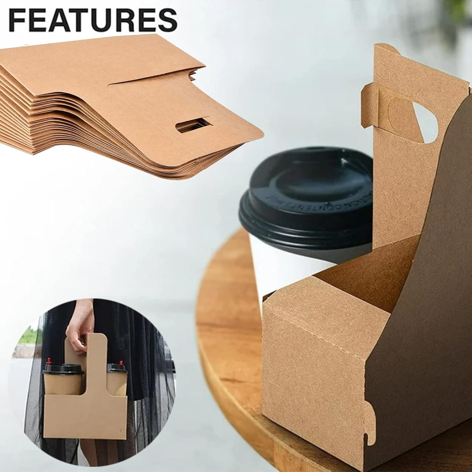 Porta bebidas Kraft de 20 unidades con asas, soporte desechable de papel para 2 tazas para bebidas calientes o frías, cafe para llevar, servicio de alimentos para restaurantes y cafeterías, Fábrica de logo personalizado.