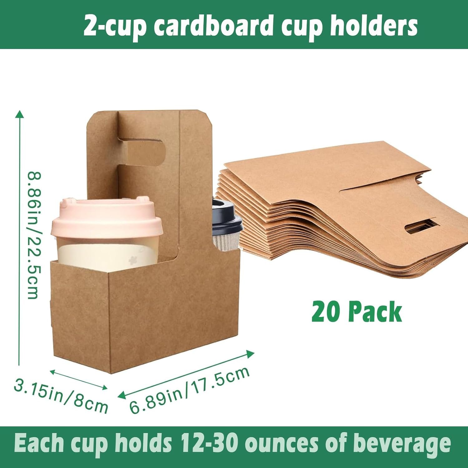 Porta bebidas Kraft de 20 unidades con asas, soporte desechable de papel para 2 tazas para bebidas calientes o frías, cafe para llevar, servicio de alimentos para restaurantes y cafeterías, Fábrica de logo personalizado.