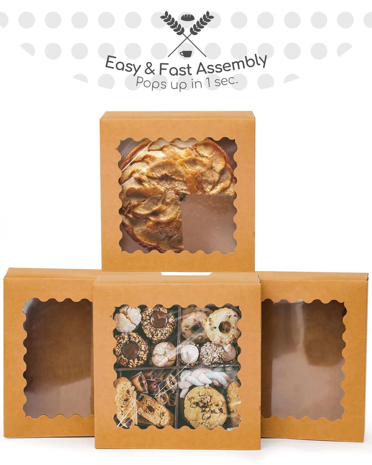 Caja de pastelería 50 Packs auto-pop-up con ventana 8x8x2.5 pulgadas, marca blanca, ideal para personalizar con logo, proveedor de empaques.