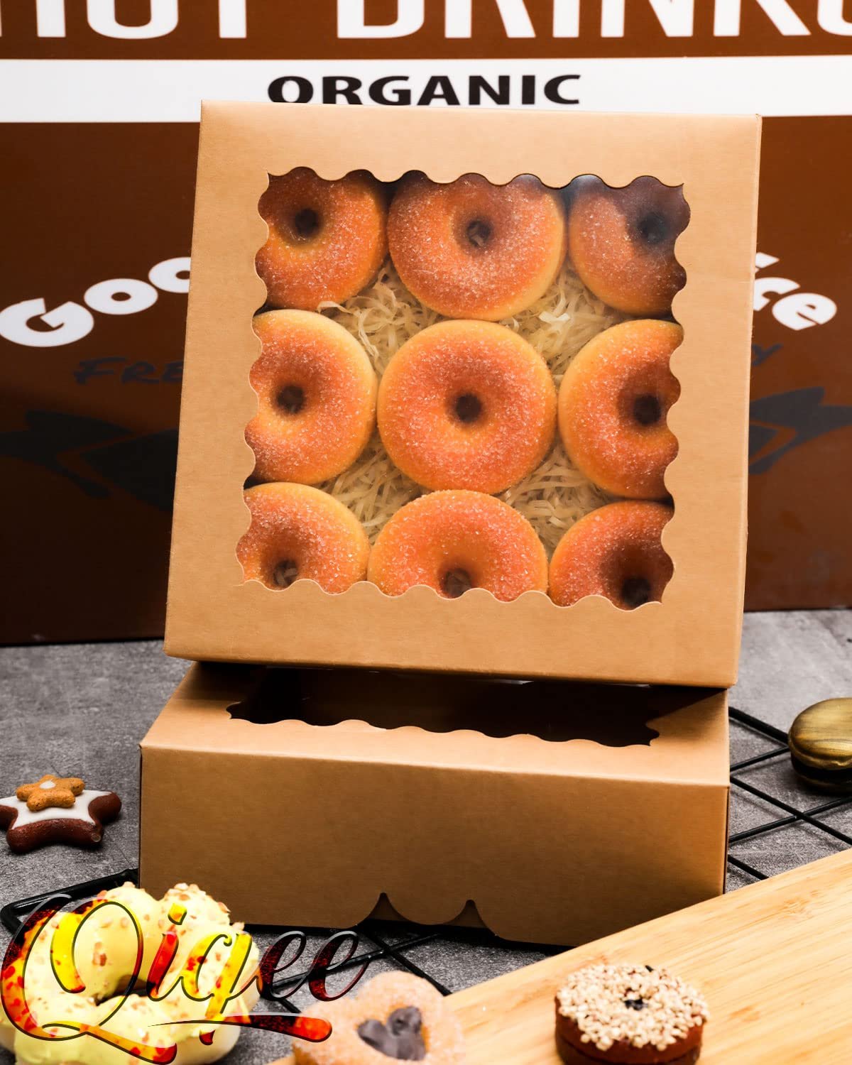 Caja de pastelería 50 Packs auto-pop-up con ventana 8x8x2.5 pulgadas, marca blanca, ideal para personalizar con logo, proveedor de empaques.