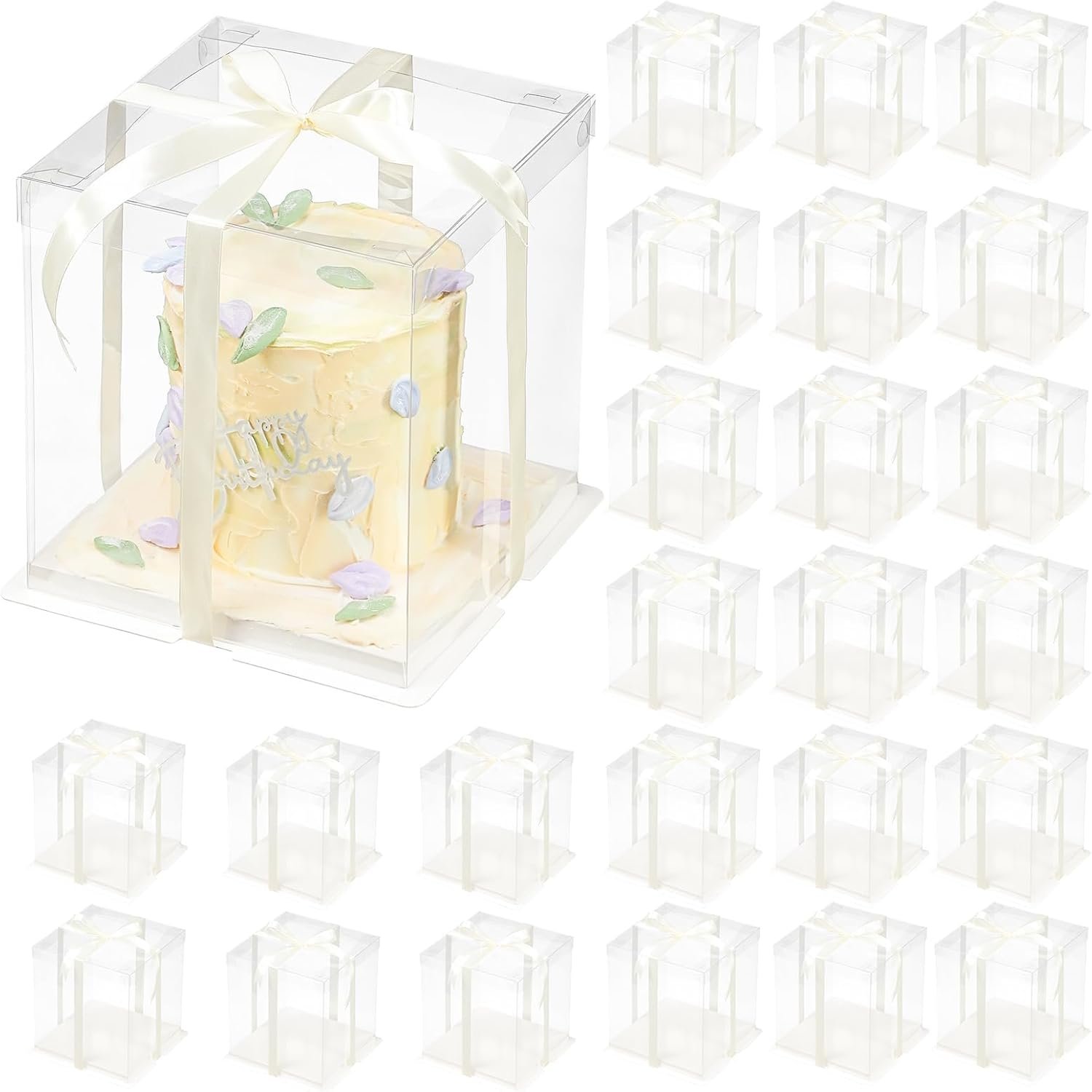 Logo Personalizado 24 Piezas Caja de Regalo Transparente con Cinta de 2 Capas 8.5x8.5x9 Pulgadas, Caja de Transporte para Pasteles Alta con Tapa, Envases de Pasteles PET, Cajas de Regalo Transparentes para Cumpleaños, Boda y Fiesta, Proveedor.