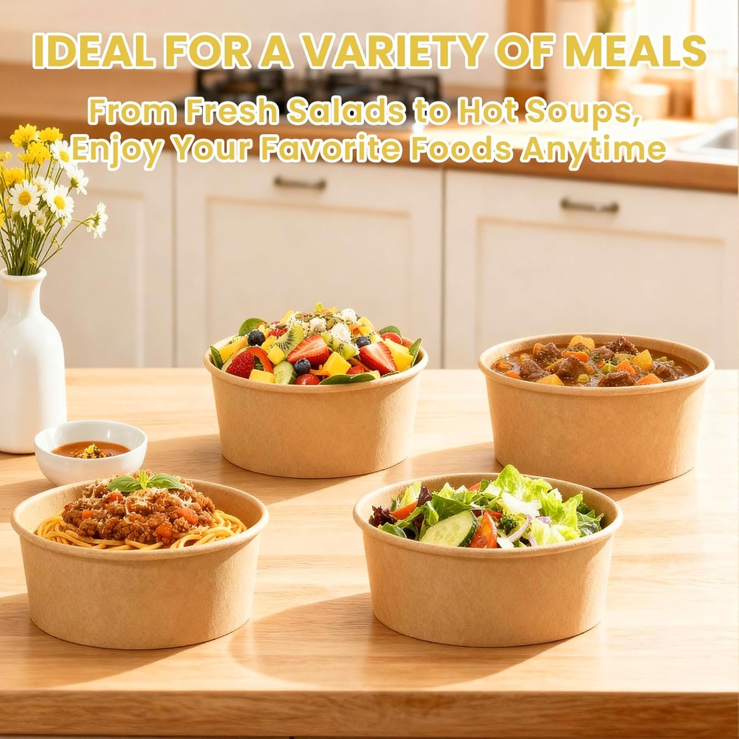 Logo Personalizado 50 Envases Desechables de Preparación de Comidas de 34 oz con Tapa, Cuencos de Papel para Sopas, Apto para Microondas, para Fiestas y Comidas al Aire Libre | Marca Blanca de Proveedor.