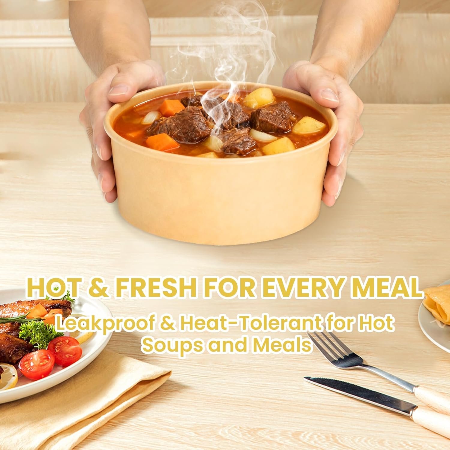 Logo Personalizado 50 Envases Desechables de Preparación de Comidas de 34 oz con Tapa, Cuencos de Papel para Sopas, Apto para Microondas, para Fiestas y Comidas al Aire Libre | Marca Blanca de Proveedor.