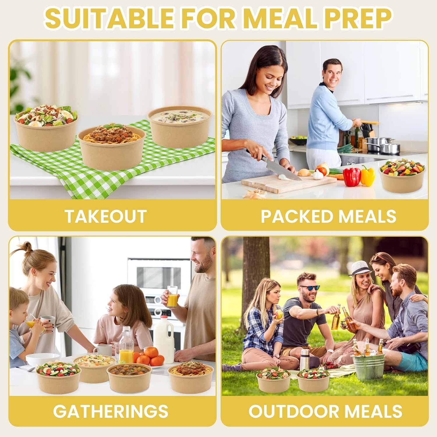 Logo Personalizado 50 Envases Desechables de Preparación de Comidas de 34 oz con Tapa, Cuencos de Papel para Sopas, Apto para Microondas, para Fiestas y Comidas al Aire Libre | Marca Blanca de Proveedor.